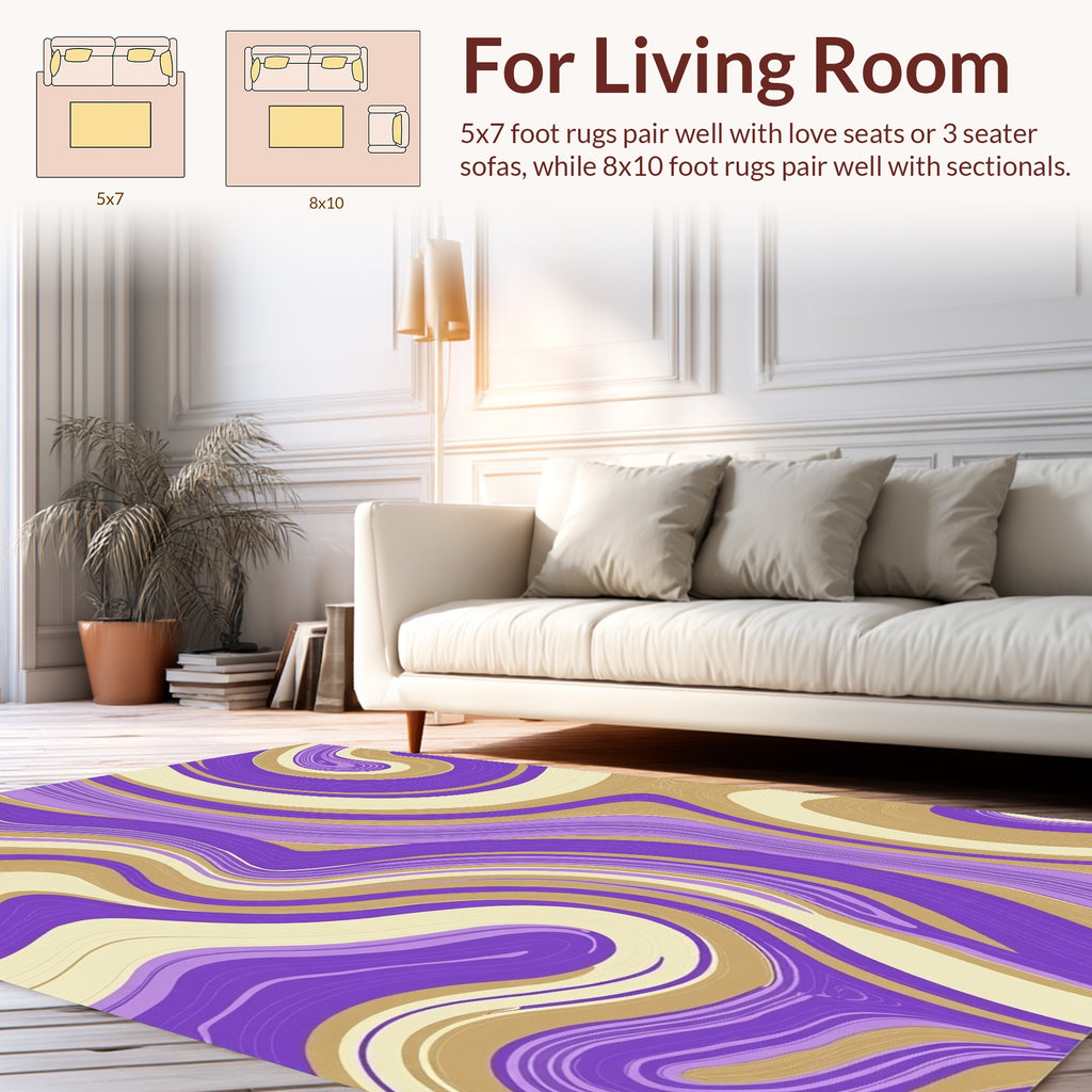 Swirling Purple Gold Cream Abstract Design Rug