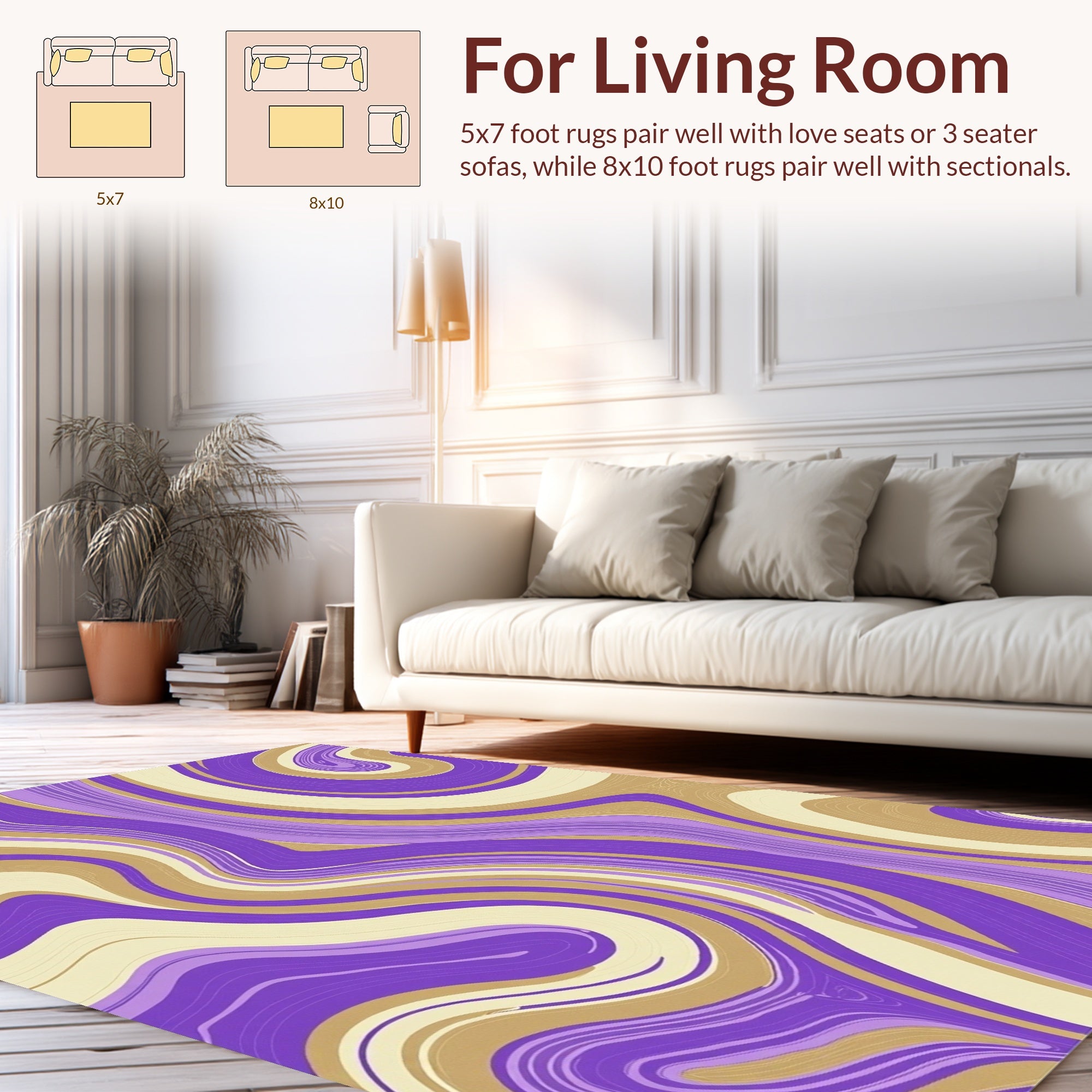 Swirling Purple Gold Cream Abstract Design Rug