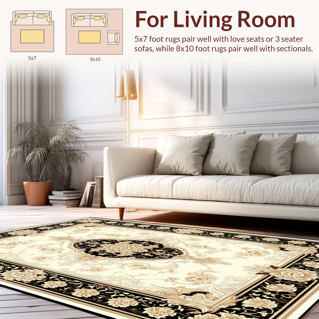 Elegant Black Gold Floral Scroll Rug