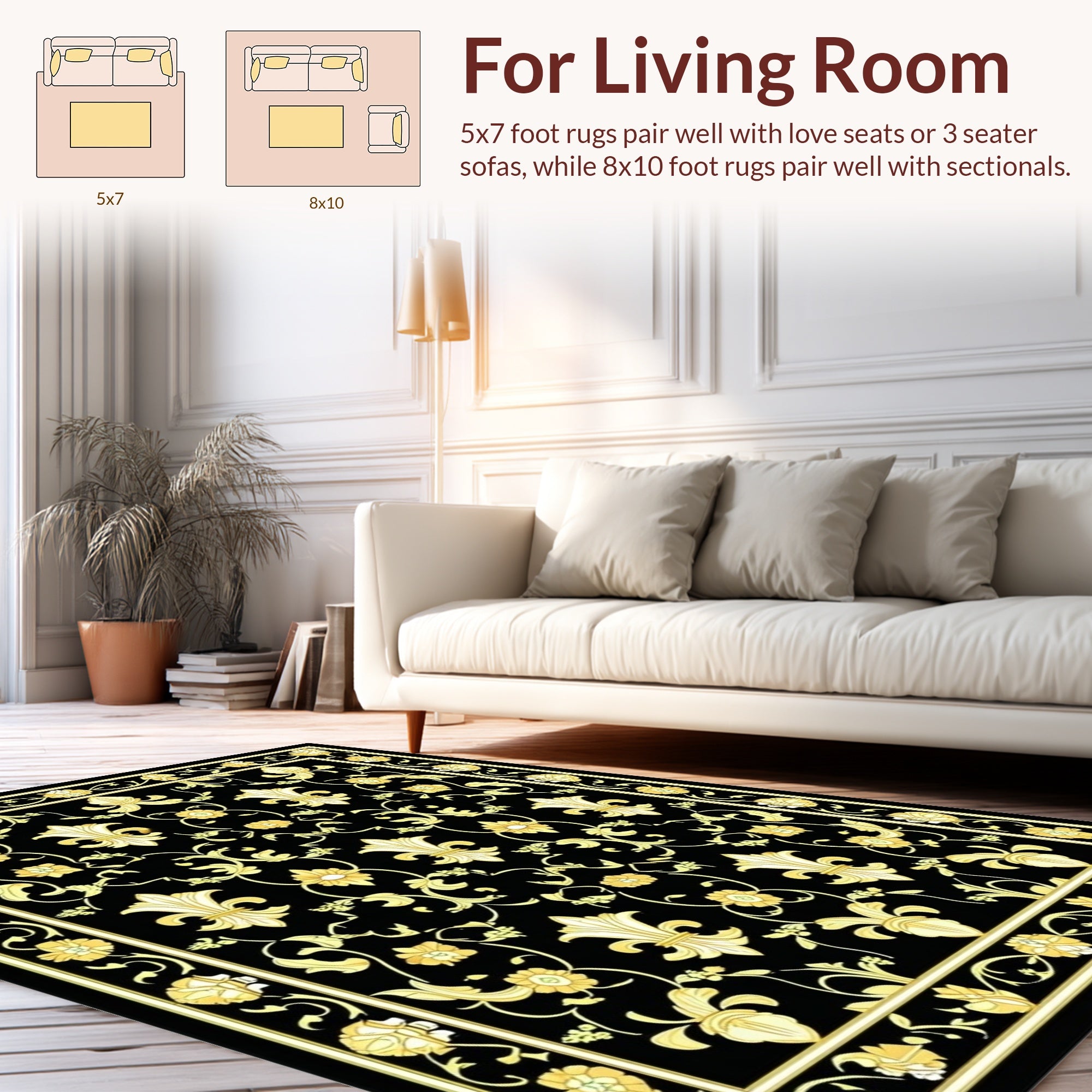 Elegant Gold Fleur-de-Lis Floral Pattern Rug