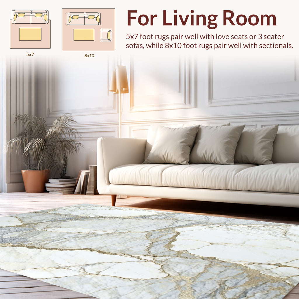 Elegant White Gold Veined Marble Pattern Rug