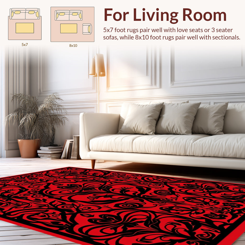 Ornate Black Floral Red Damask Pattern Rug