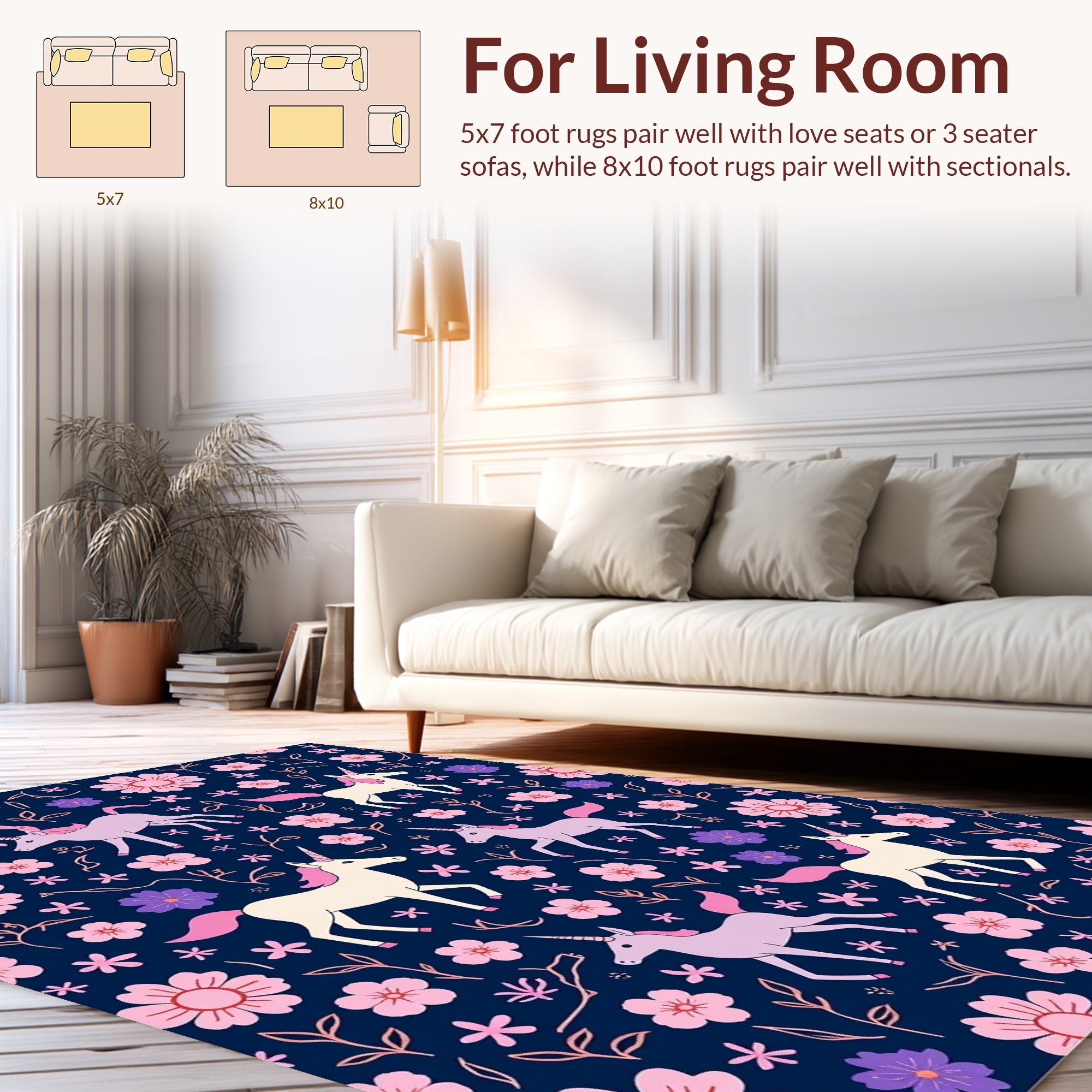 Whimsical Unicorn Floral Pattern Rug