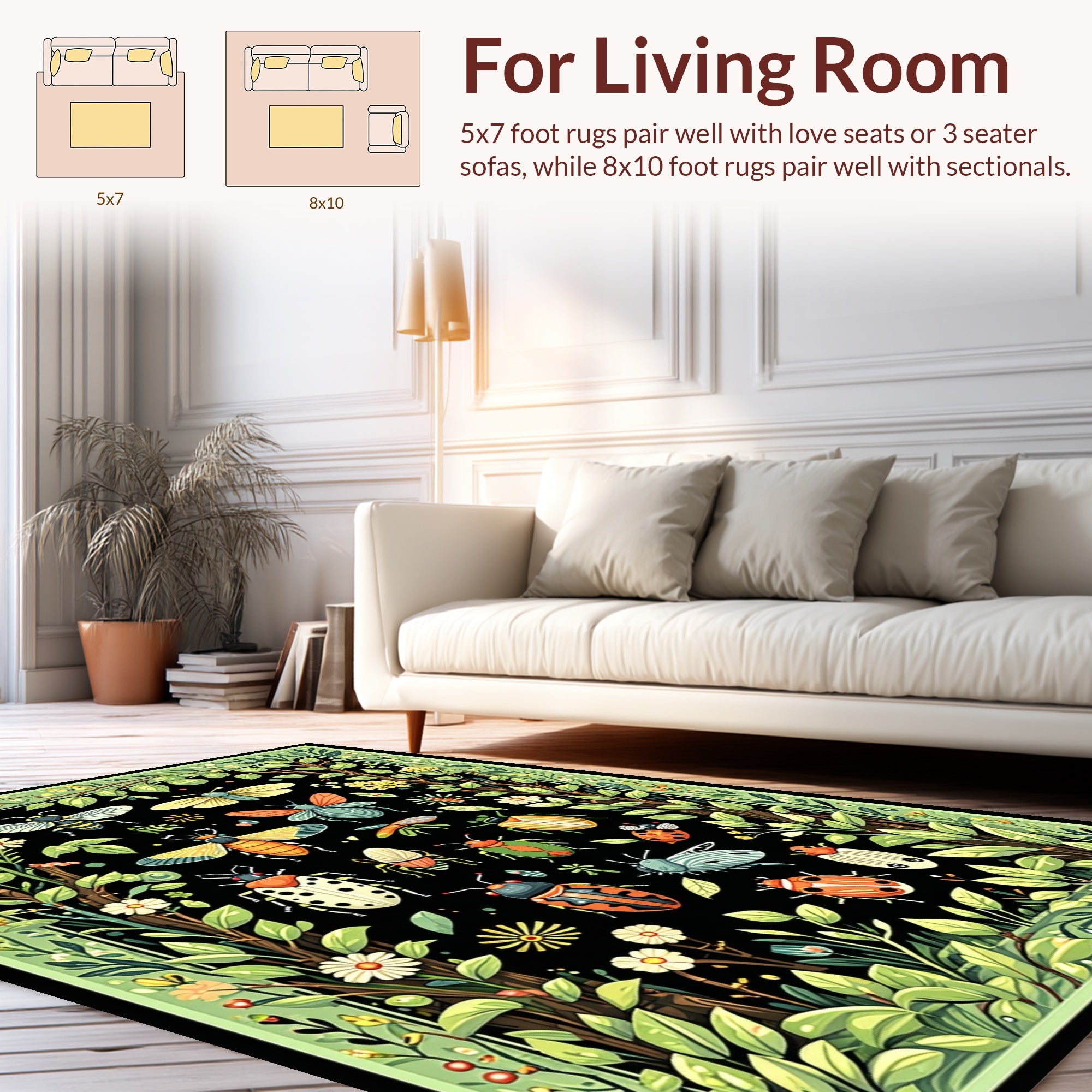 Whimsical Garden Insects Foliage Design Rug