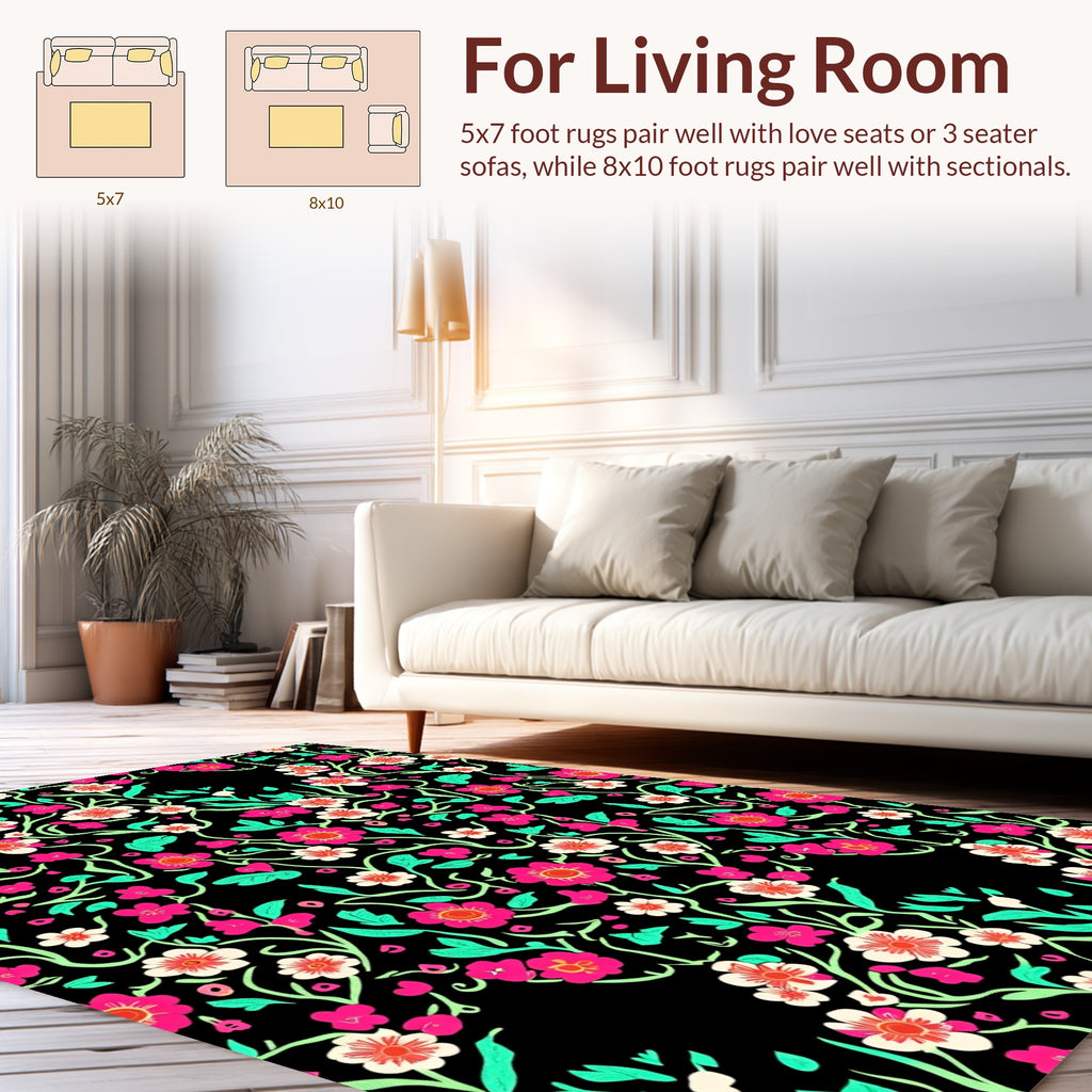Vibrant Floral Vines With Black Background Rug