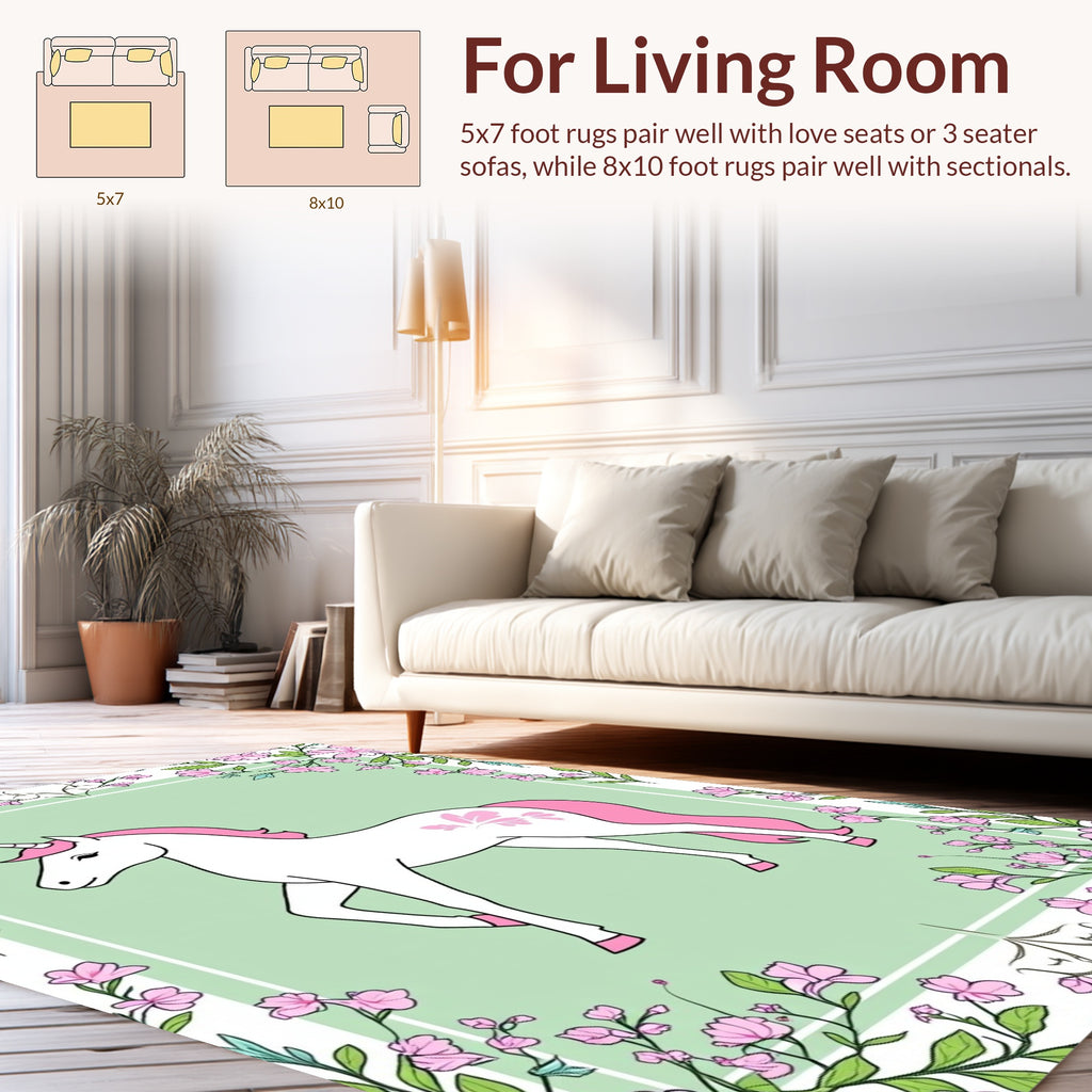 Graceful Unicorn Surrounded by Pink Flowers Rug