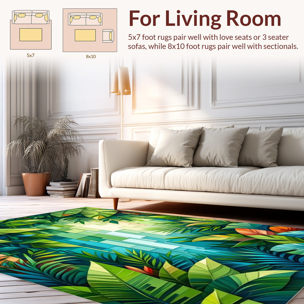 Lush Greenery With Teal Geometric Pattern Rug