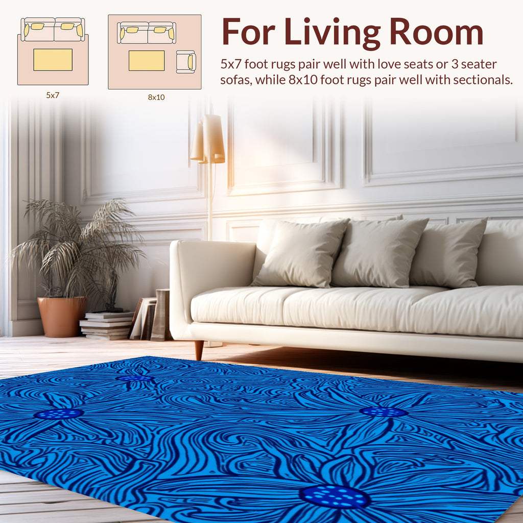 Floral Swirls Abstract Blue Pattern Rug