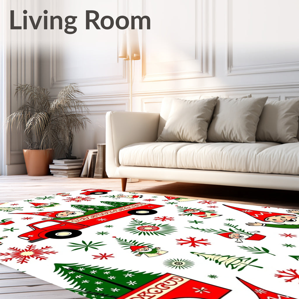 Red Gnome Truck Christmas Trees Snowflakes Rug