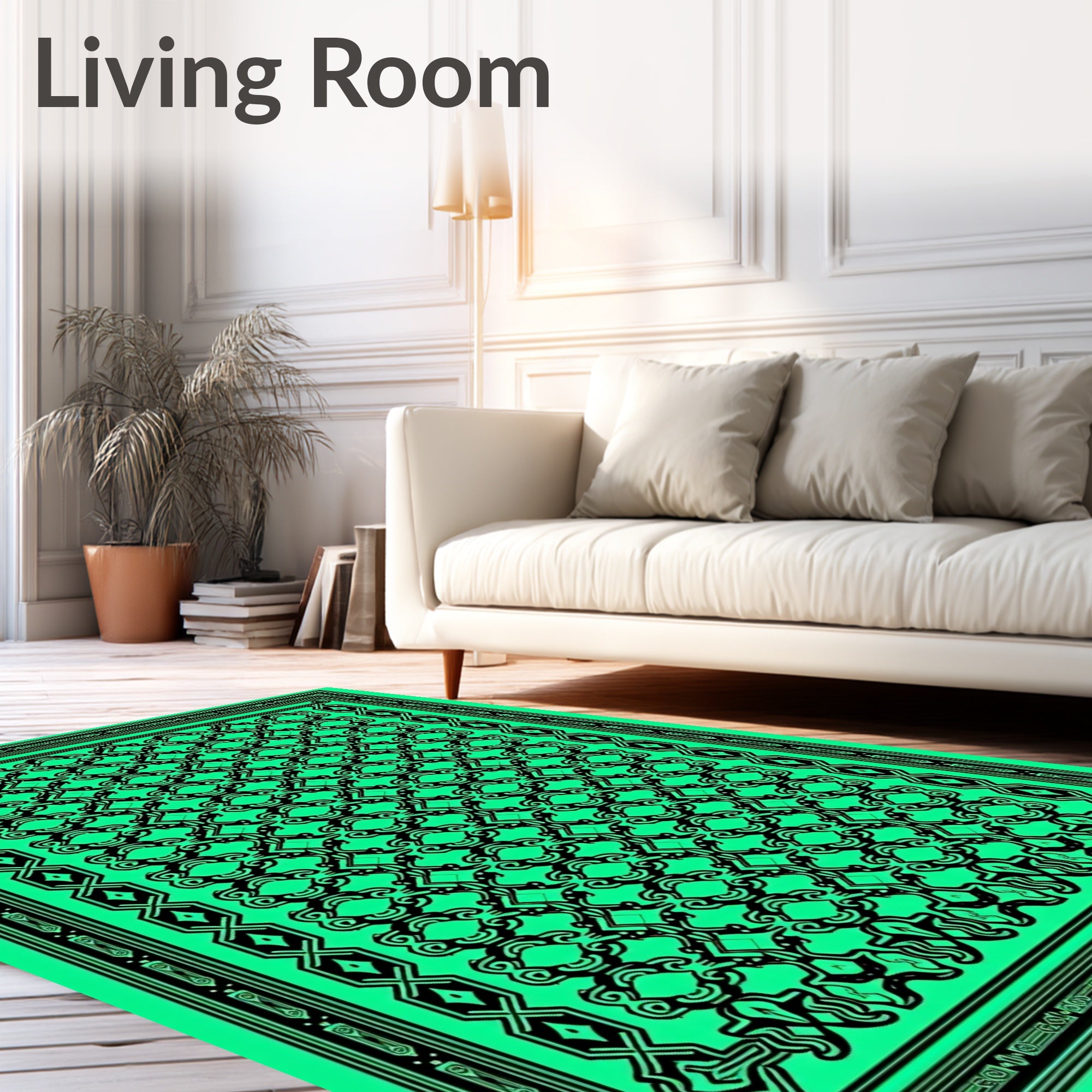 Vibrant Emerald Black Vintage Scroll Rug