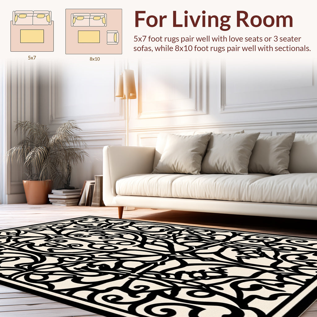 Intricate Black Botanical Nature Scroll Design Rug