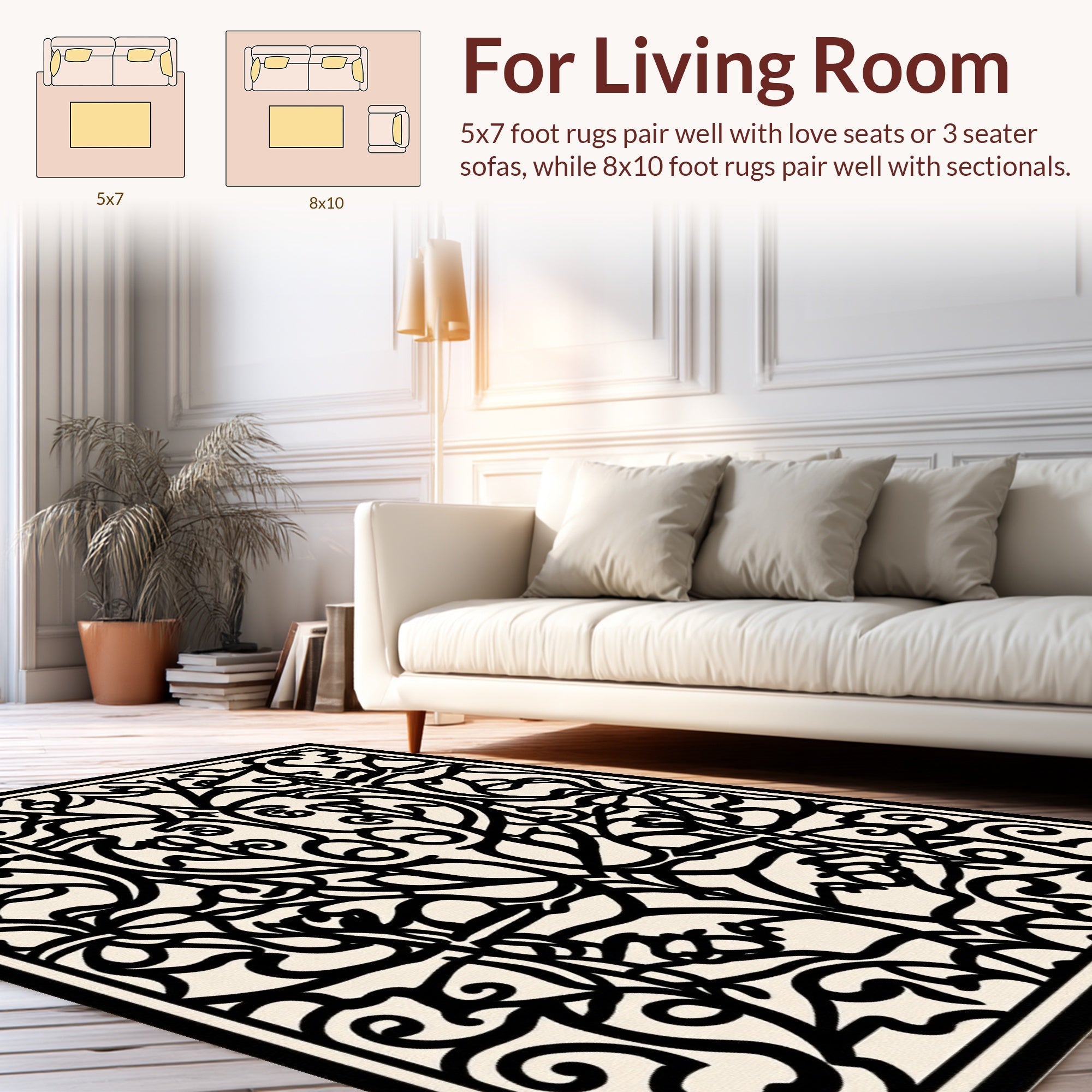 Intricate Black Botanical Nature Scroll Design Rug