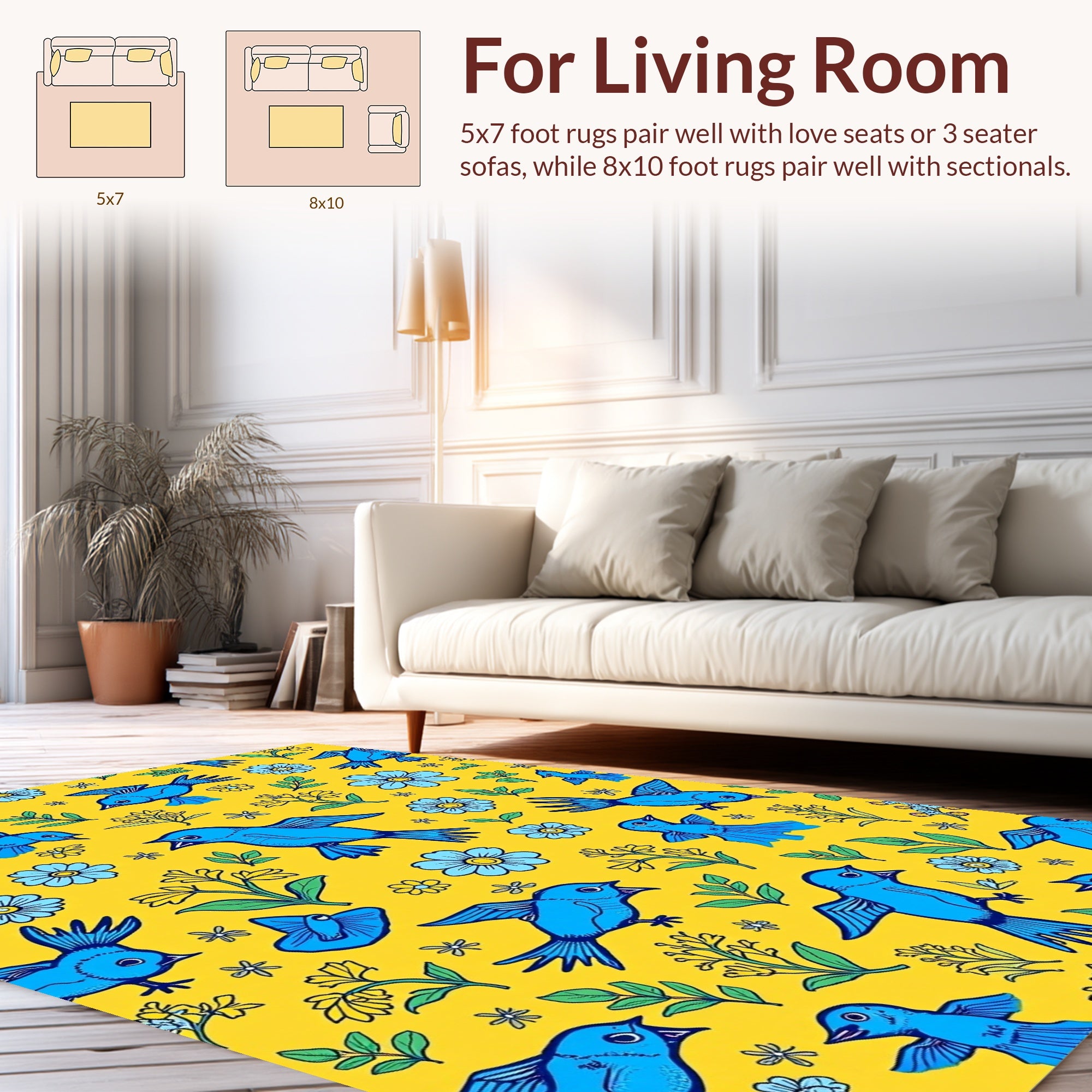 Blue Bird Floral Pattern Rug