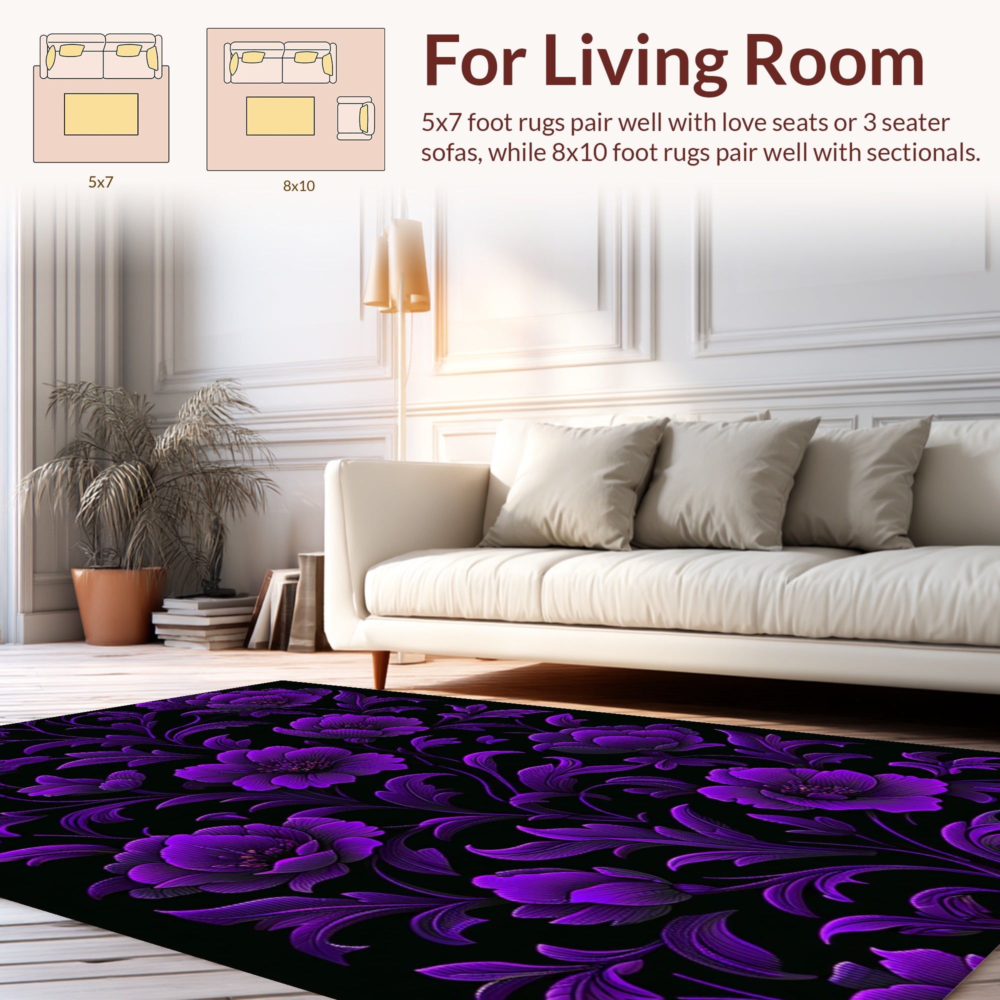 Royal Purple Floral Vine Pattern Rug