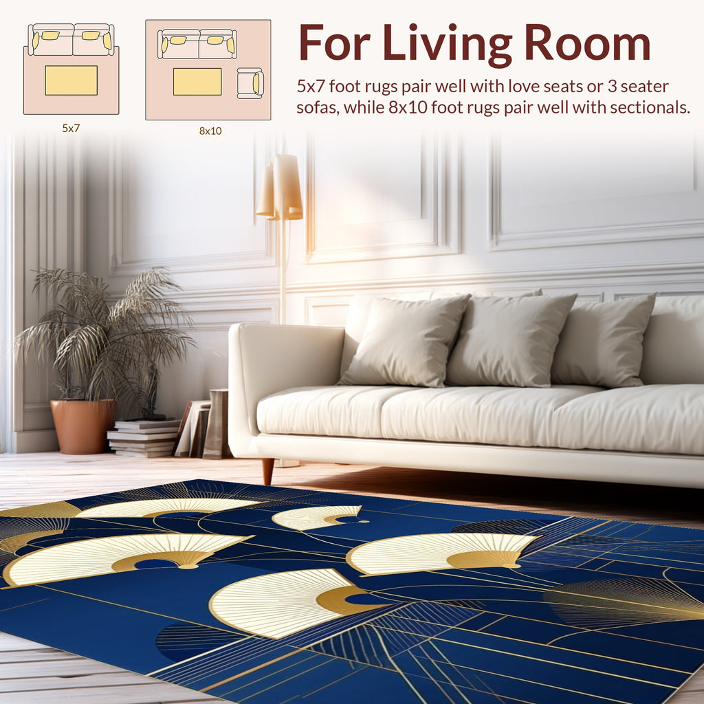 Art Deco Gold Fans On Navy Canvas Rug