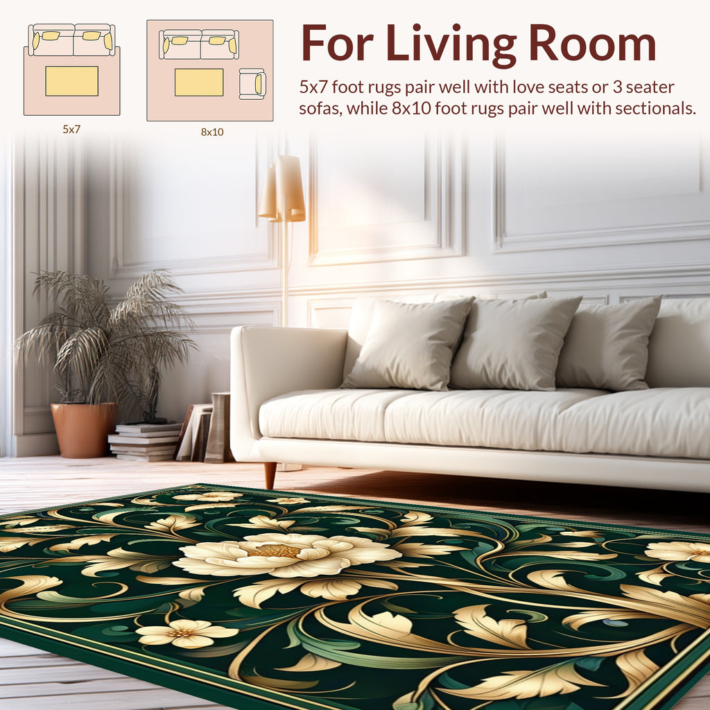 Ornate Floral Scrollwork Emerald Art Rug