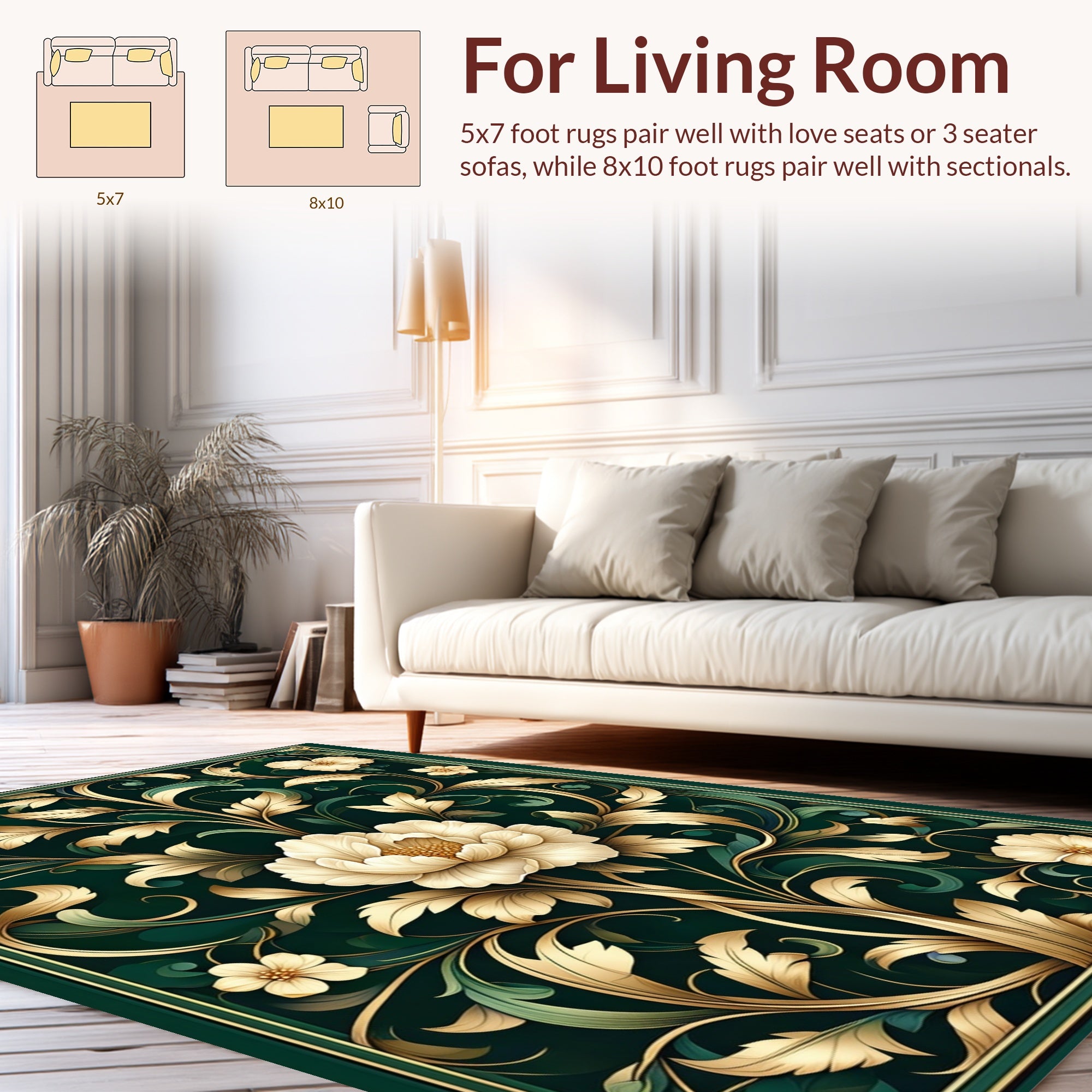 Ornate Floral Scrollwork Emerald Art Rug