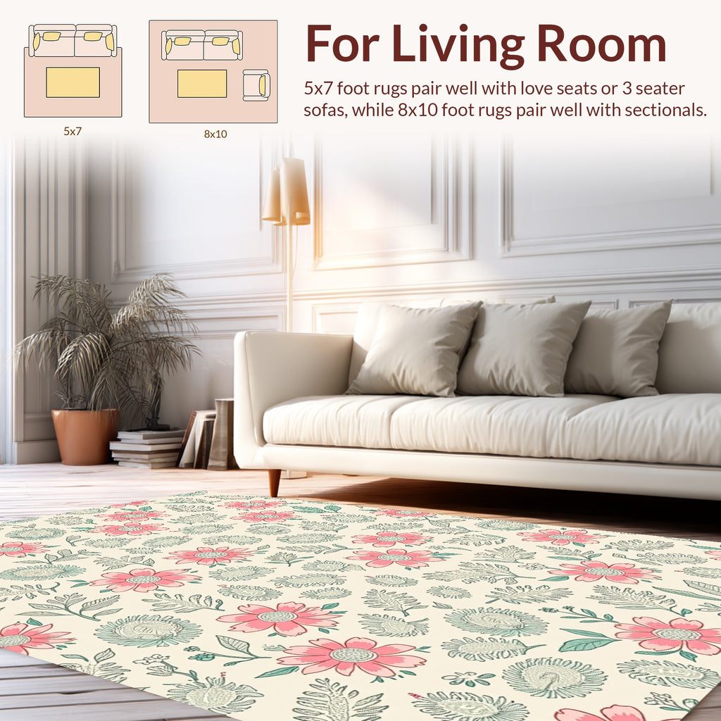 Pink Floral Meadow Pattern Rug