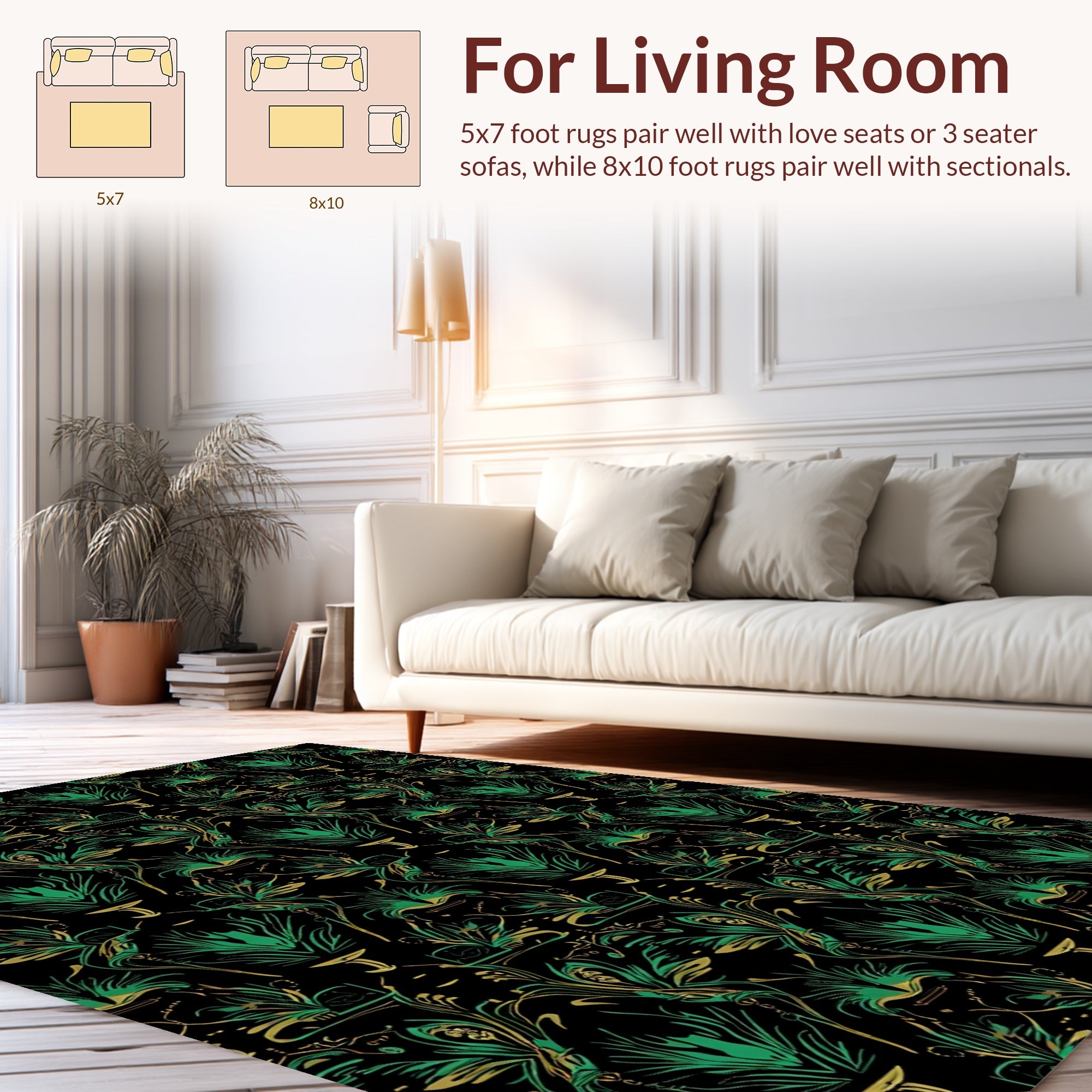 Exotic Emerald Gold Floral Pattern Rug