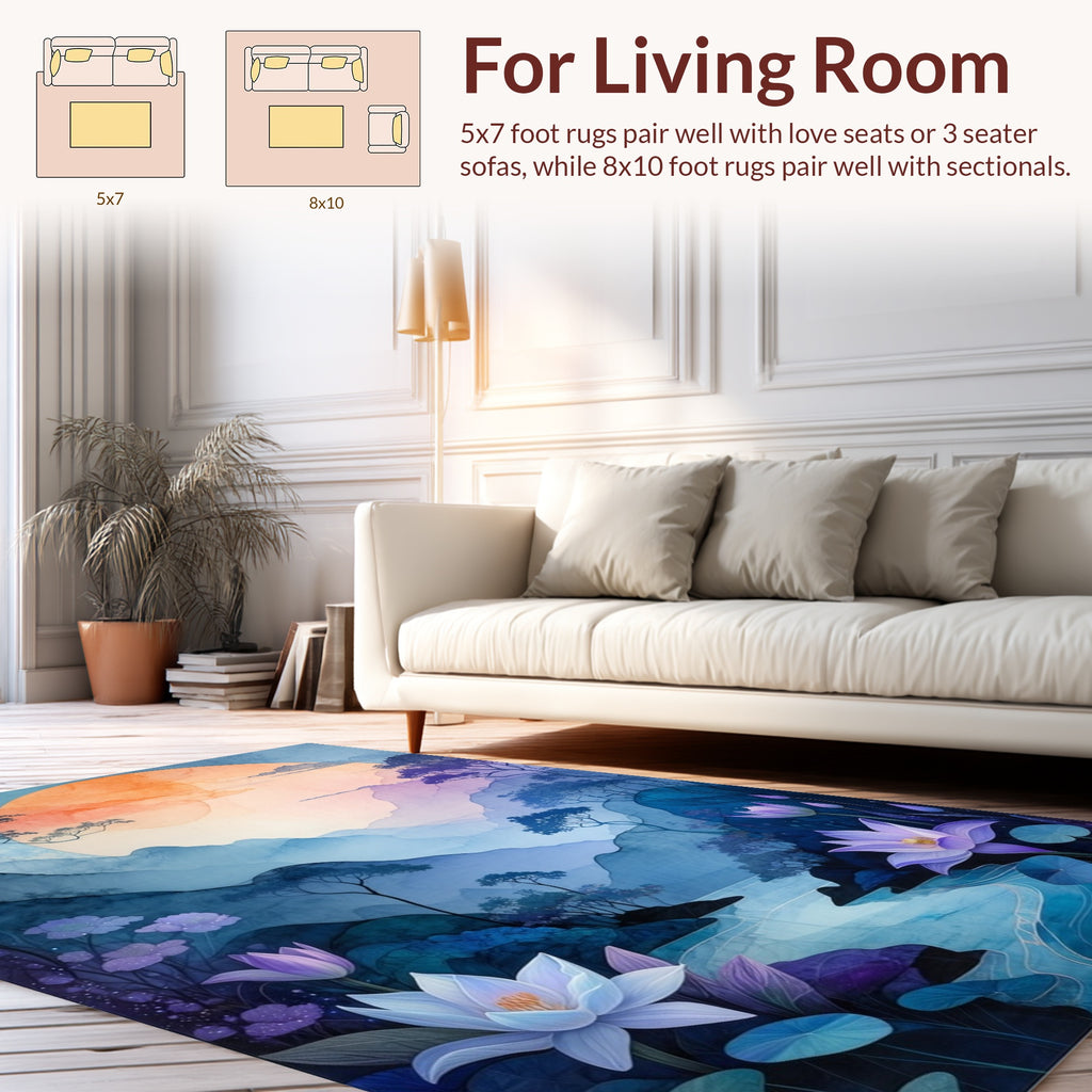 Serene Lotus Mountain Landscape Water Painting Rug