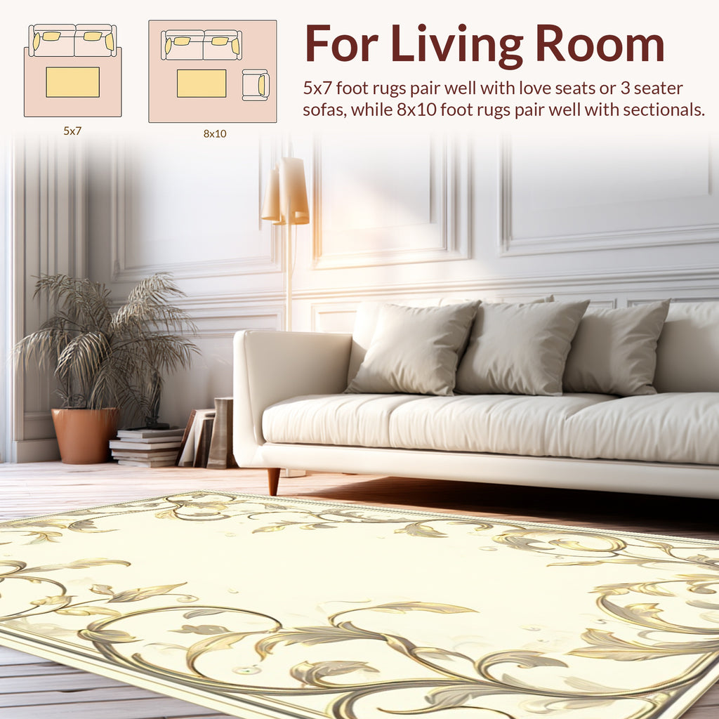 Elegant Golden Leaf Scroll Pattern Rug