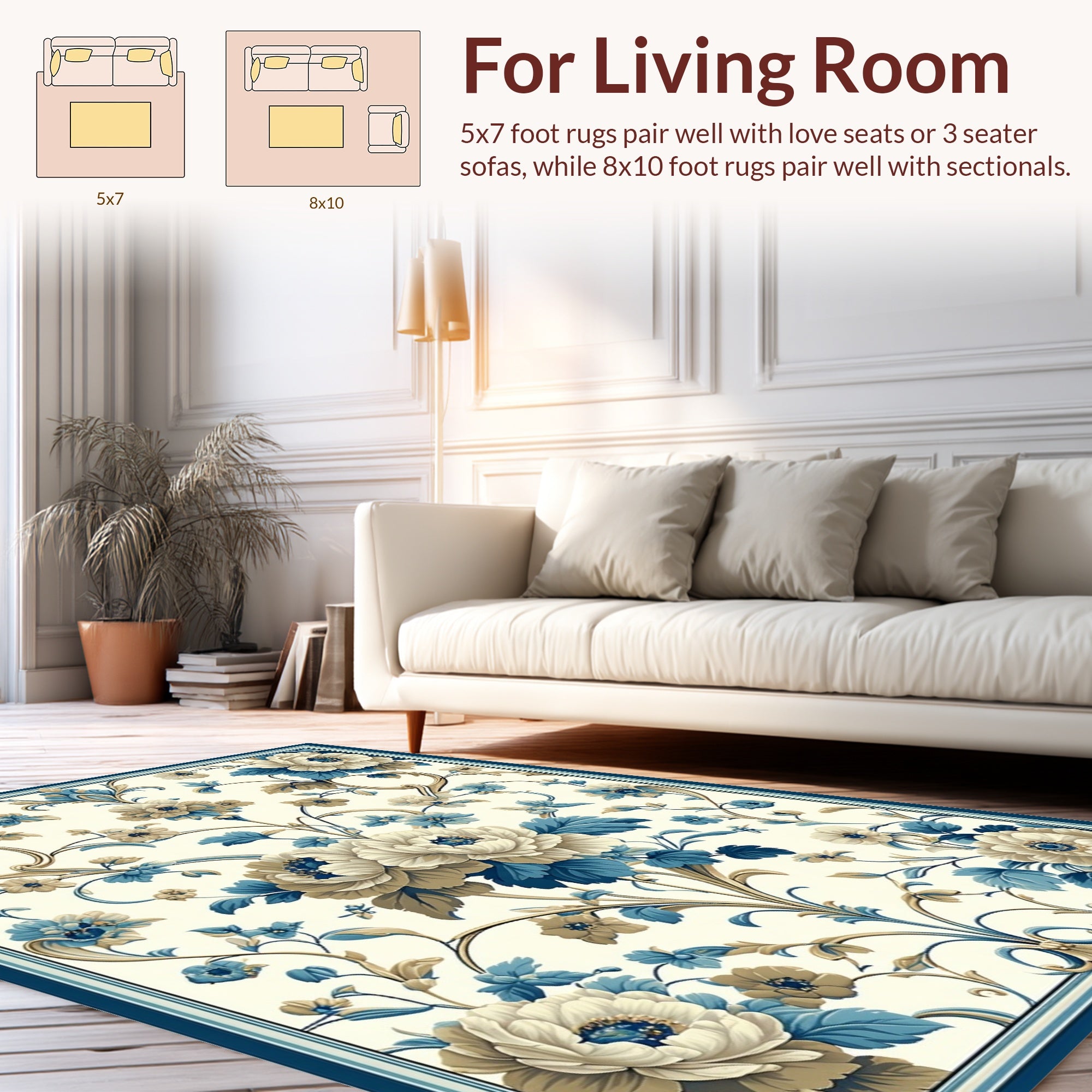 Elegant Floral Blue Cream Scroll Design Rug