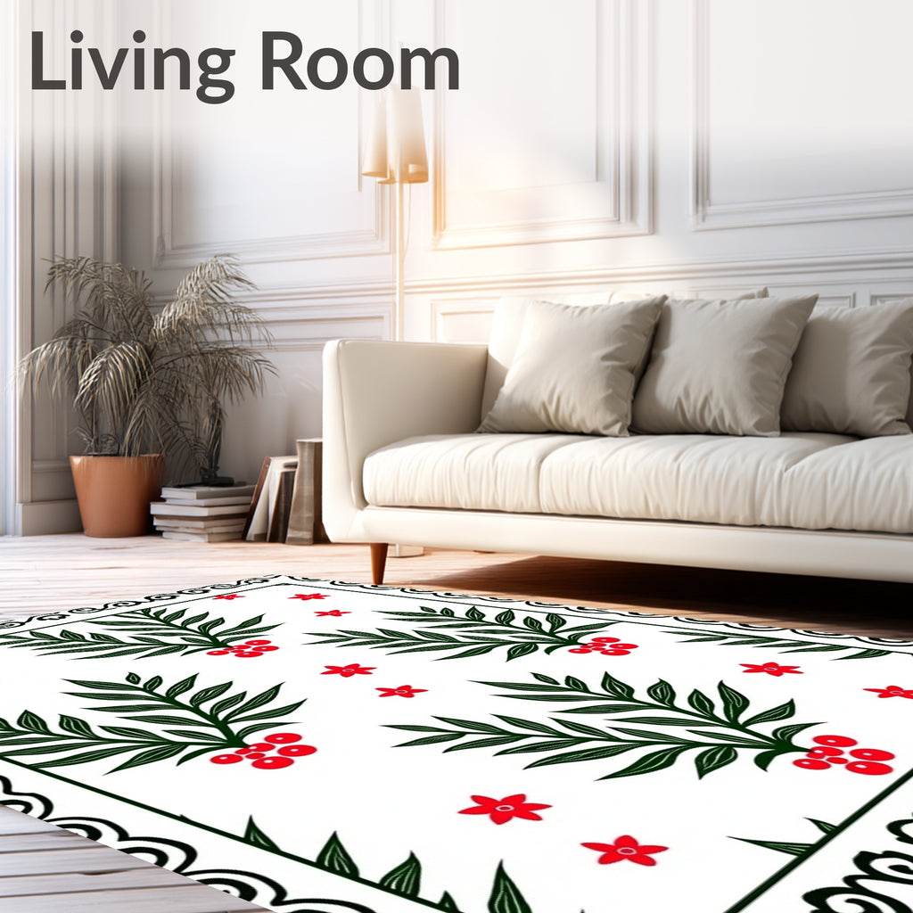Classic Green Red Branch Floral Rug