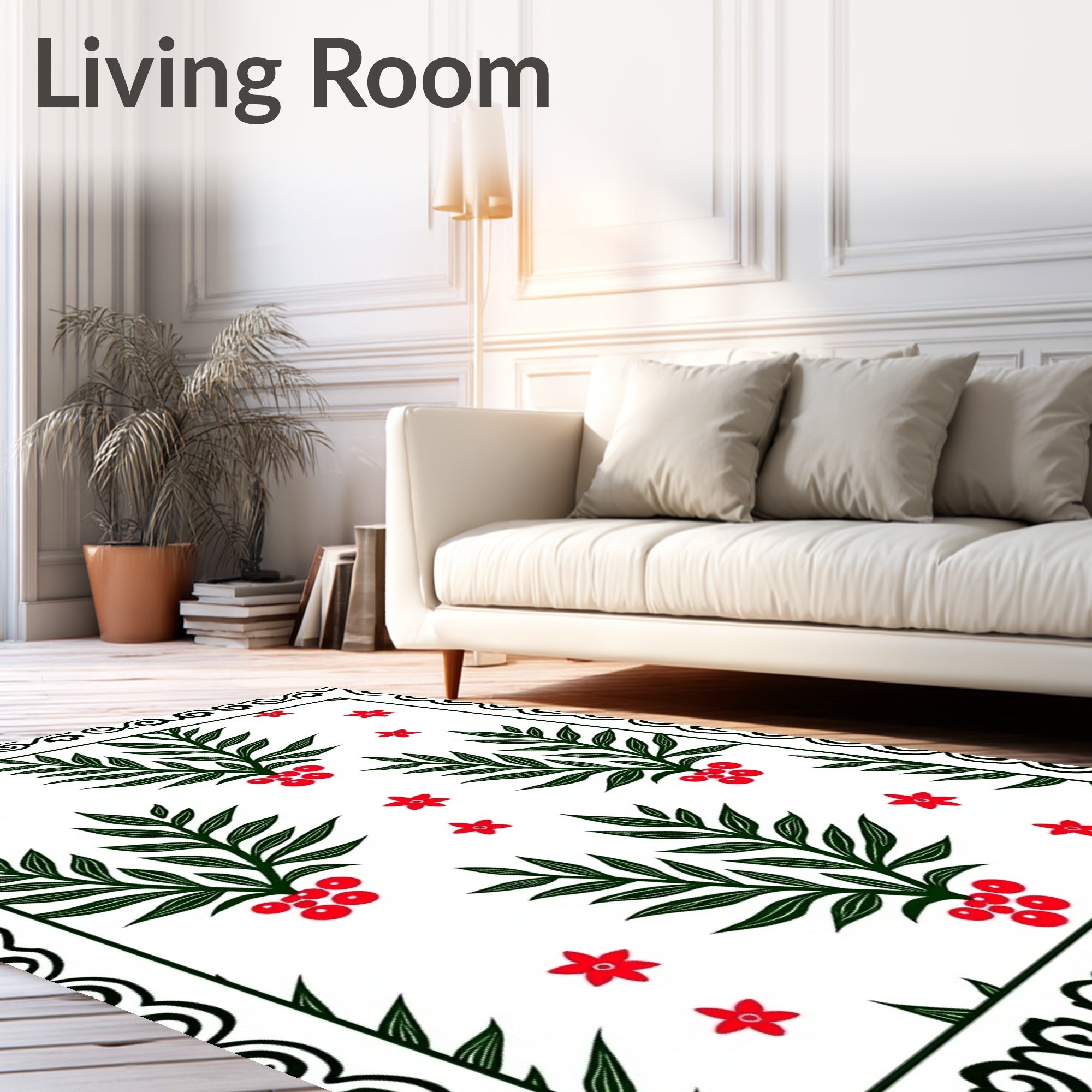 Classic Green Red Branch Floral Rug