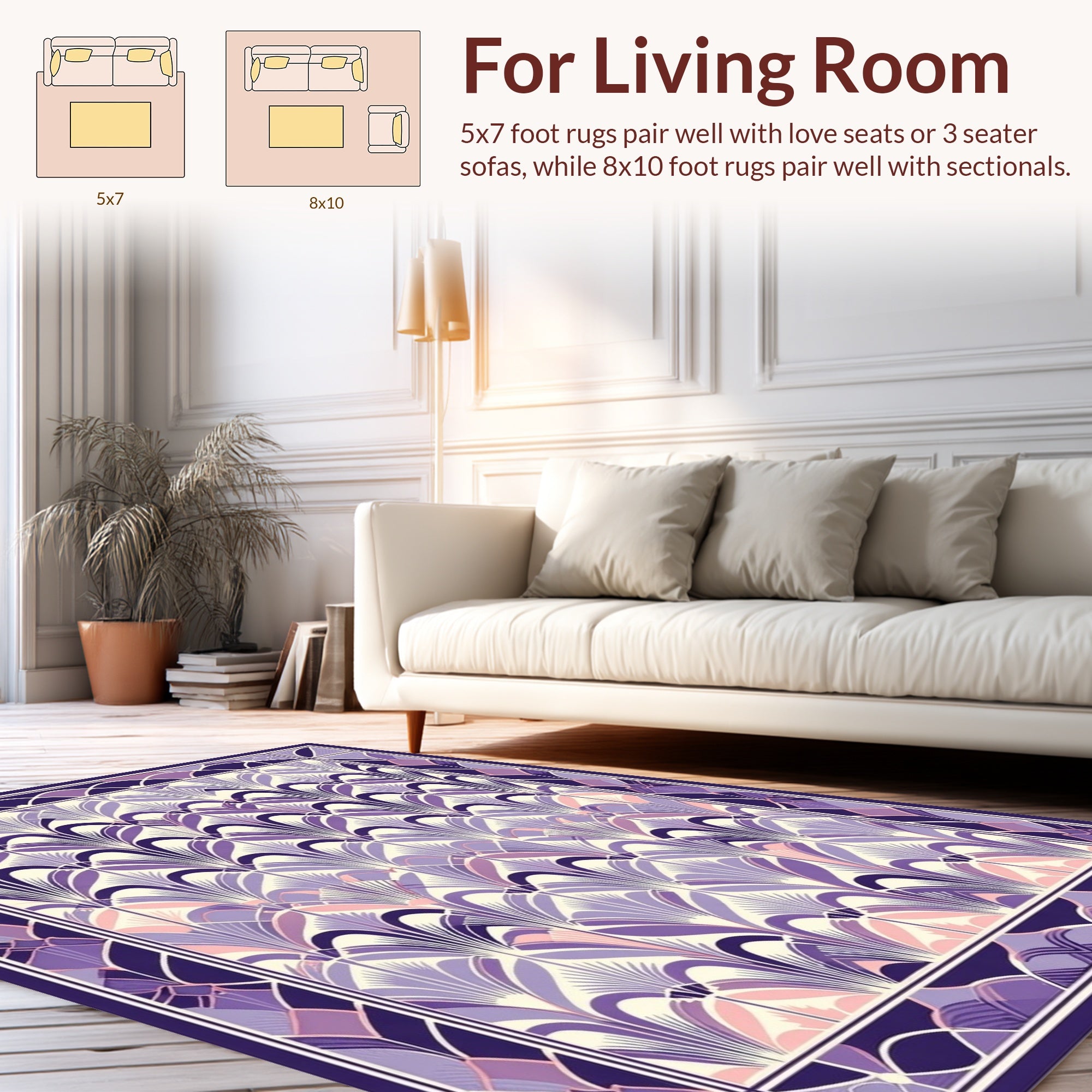 Art Deco Inspired Purple Feather Pattern Rug