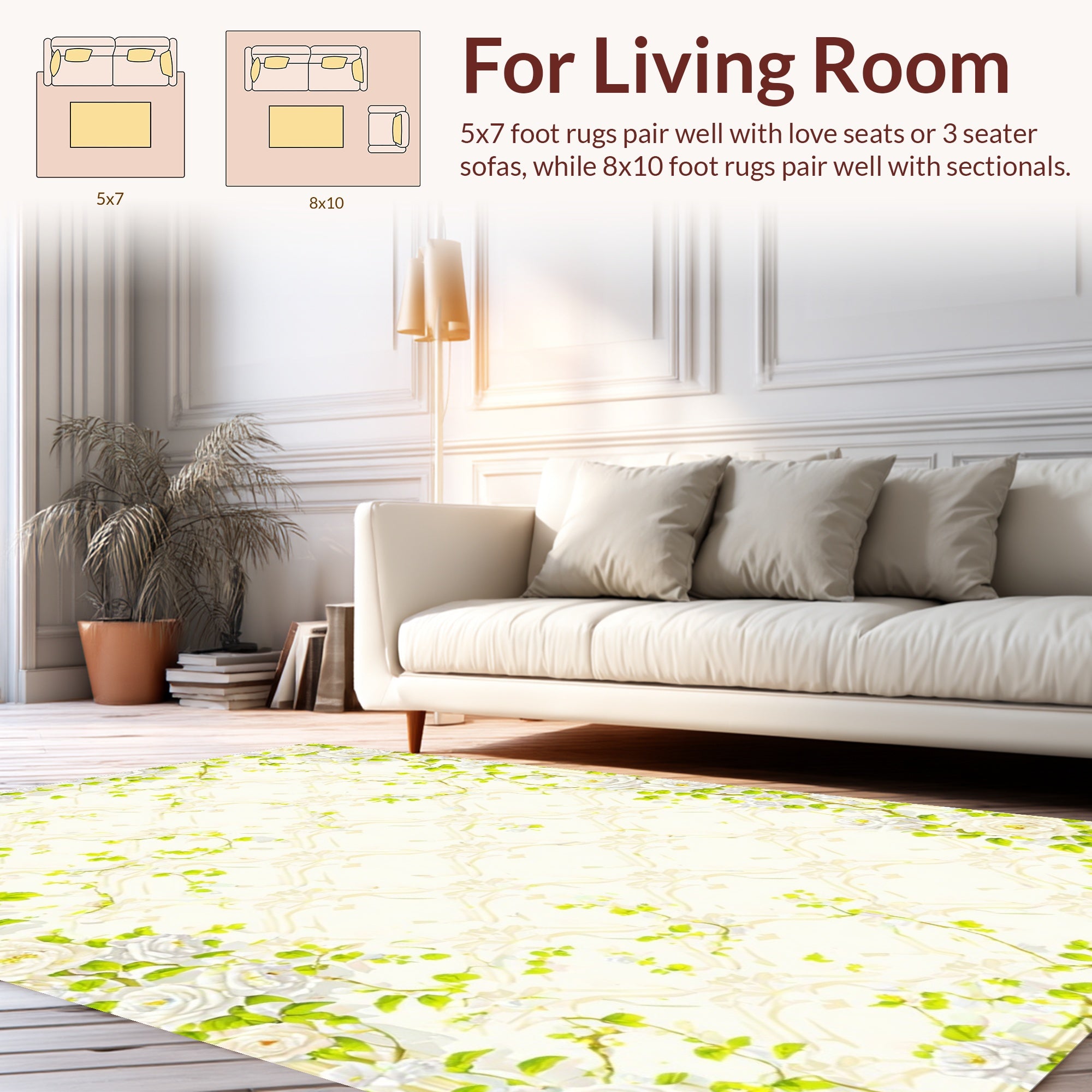 Floral Vine Patterned Ivory Rug