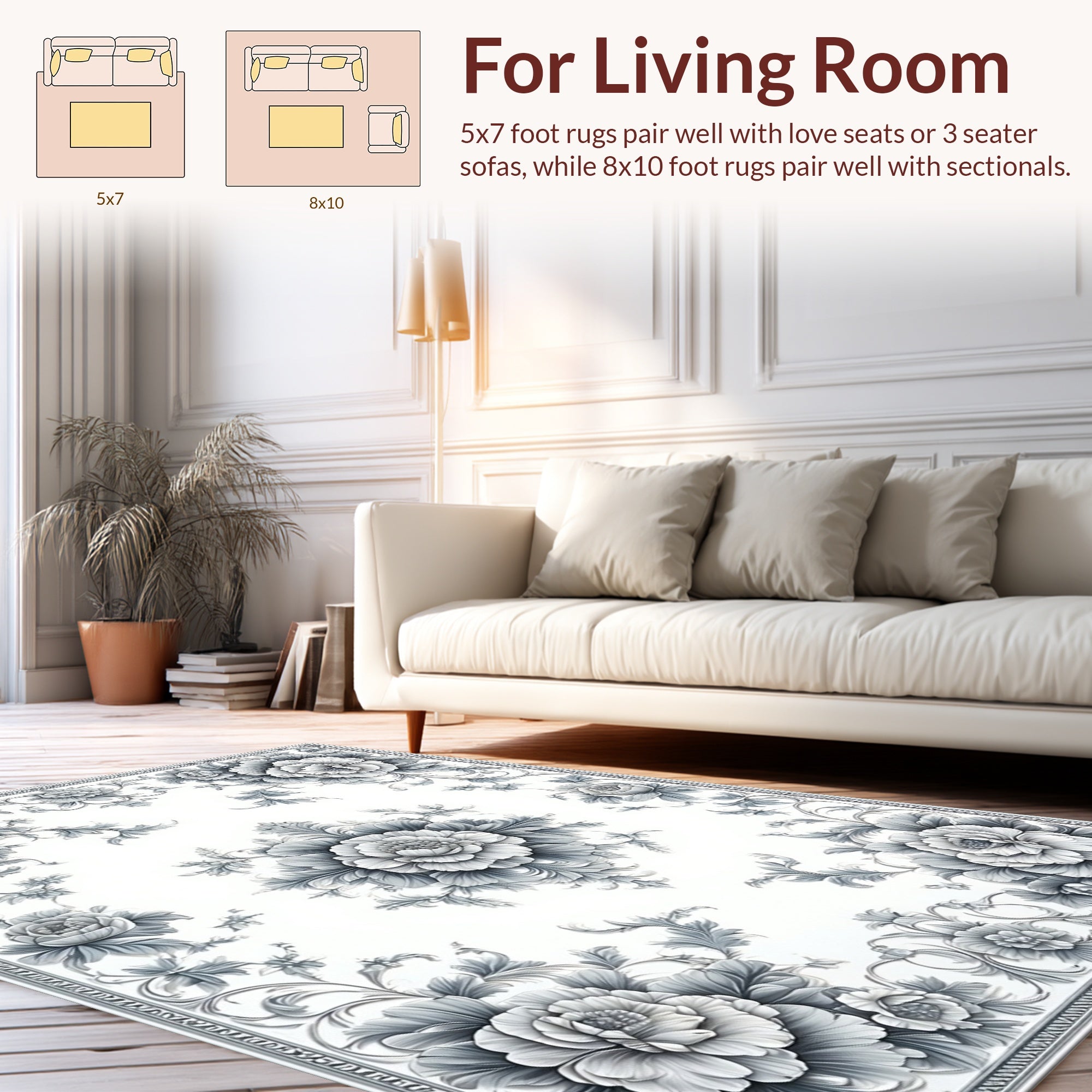 Elegant Gray Floral Scrollwork Pattern Rug