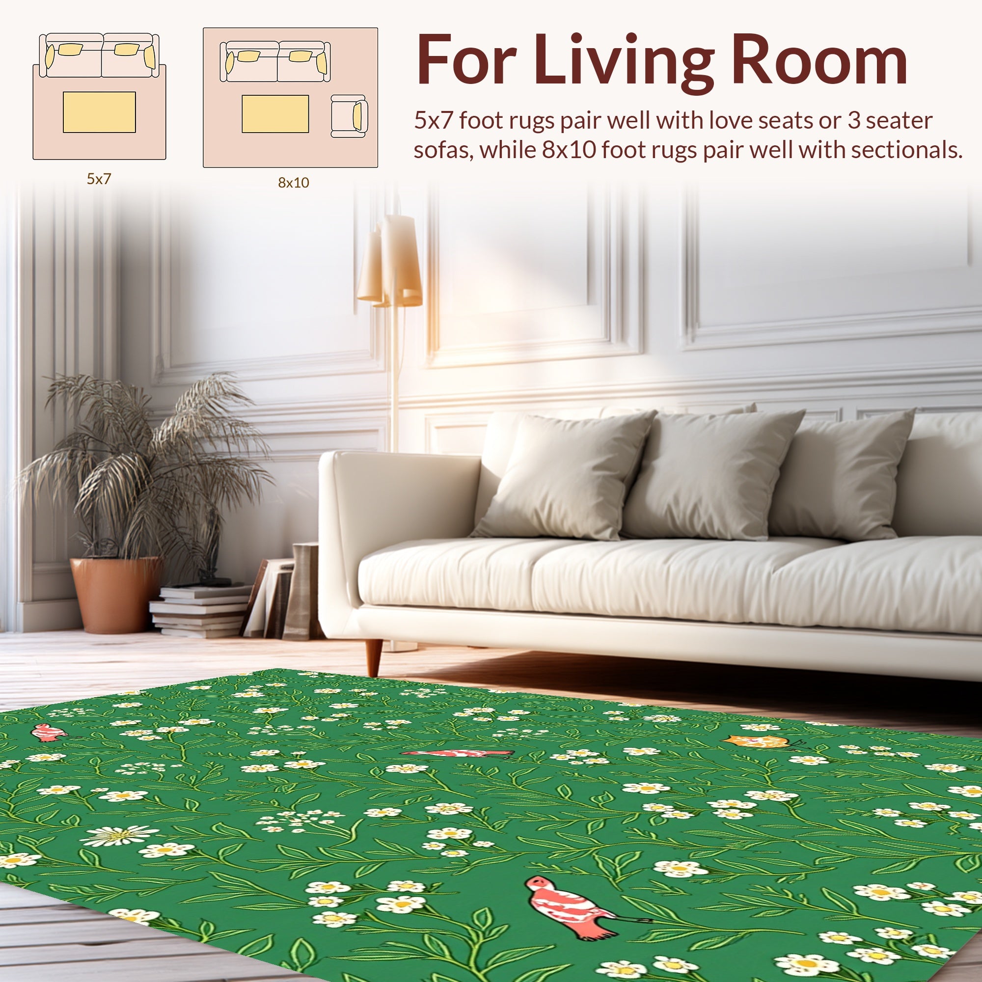 Green Floral Meadow With Birds And Lanterns Rug