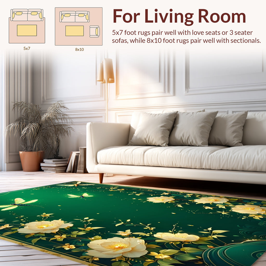 Golden Dragonflies and White Flowers Design Rug