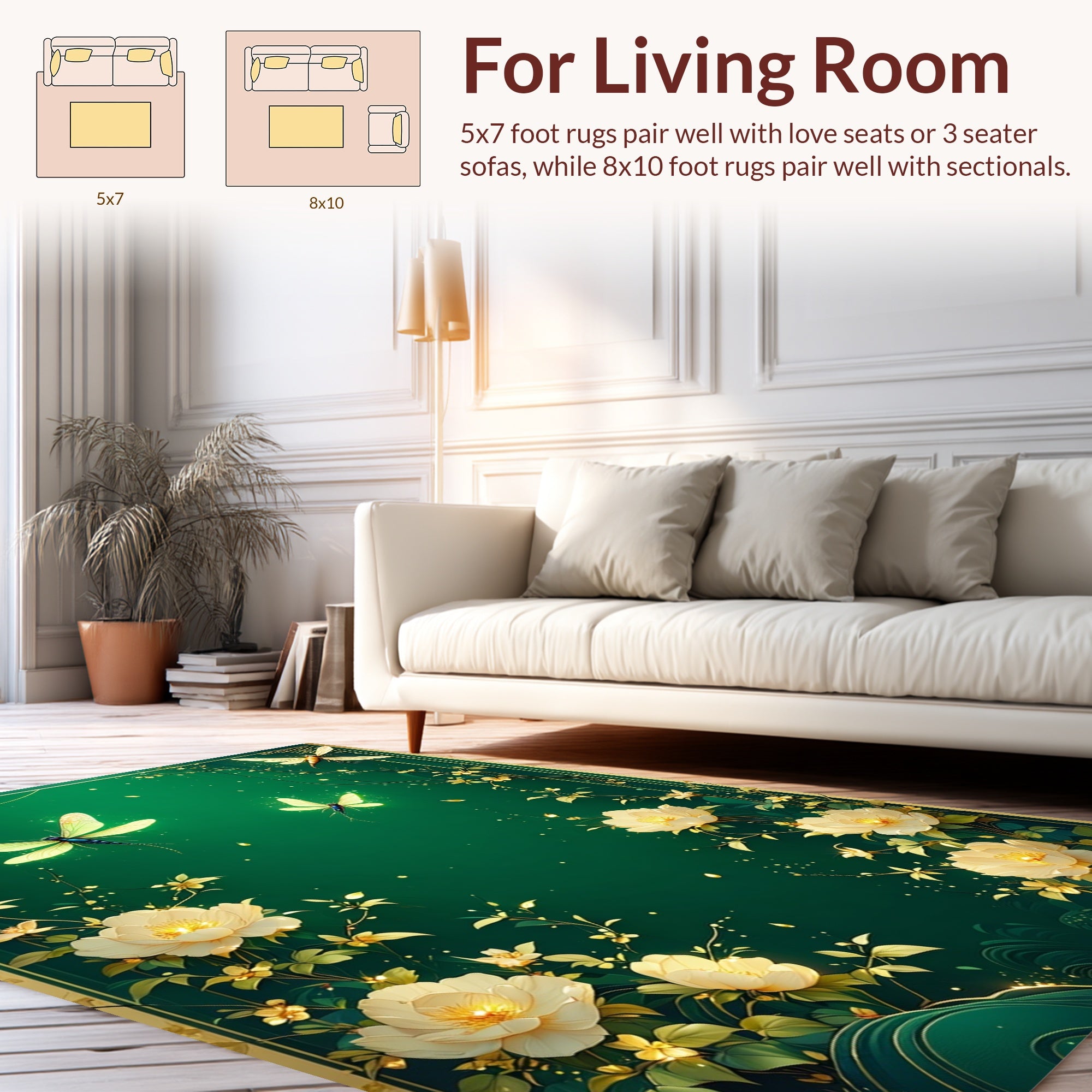 Golden Dragonflies and White Flowers Design Rug