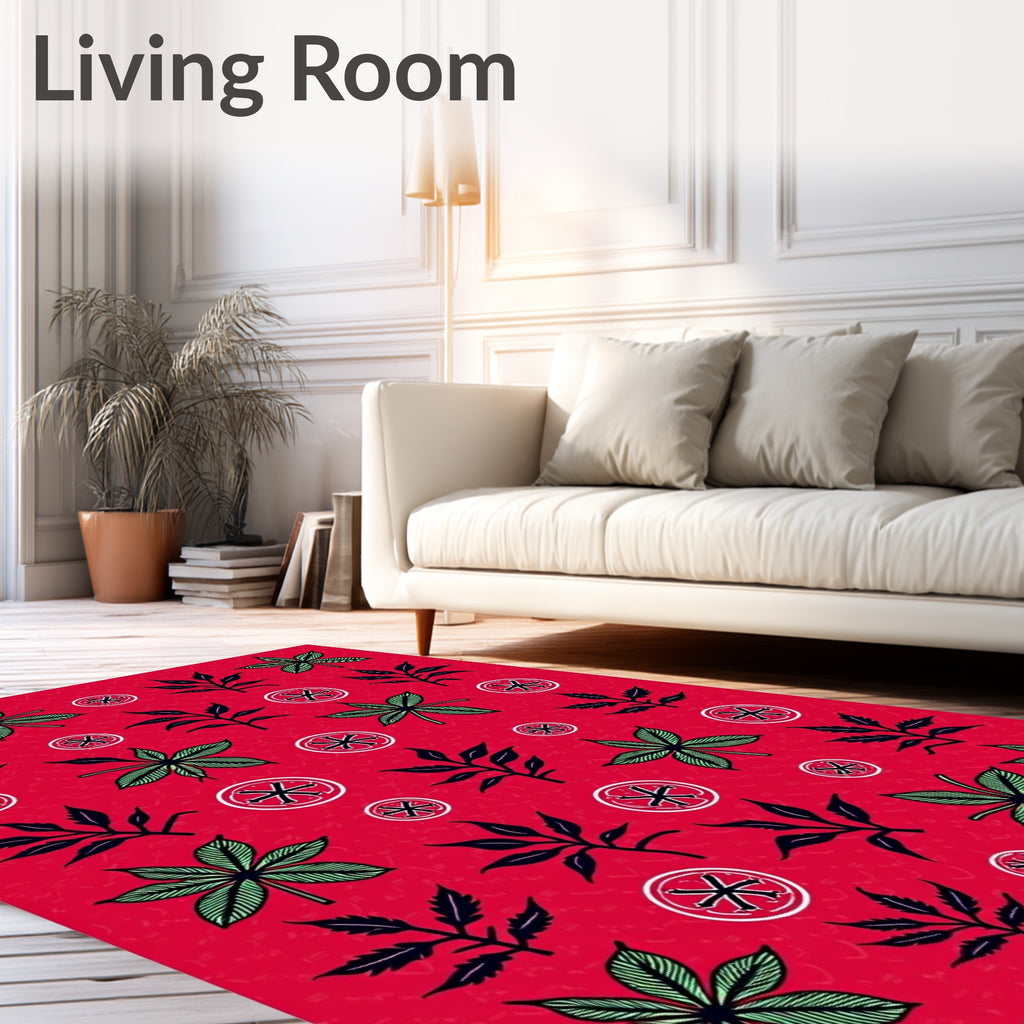 Crimson Green Foliage Circular Emblems Rug