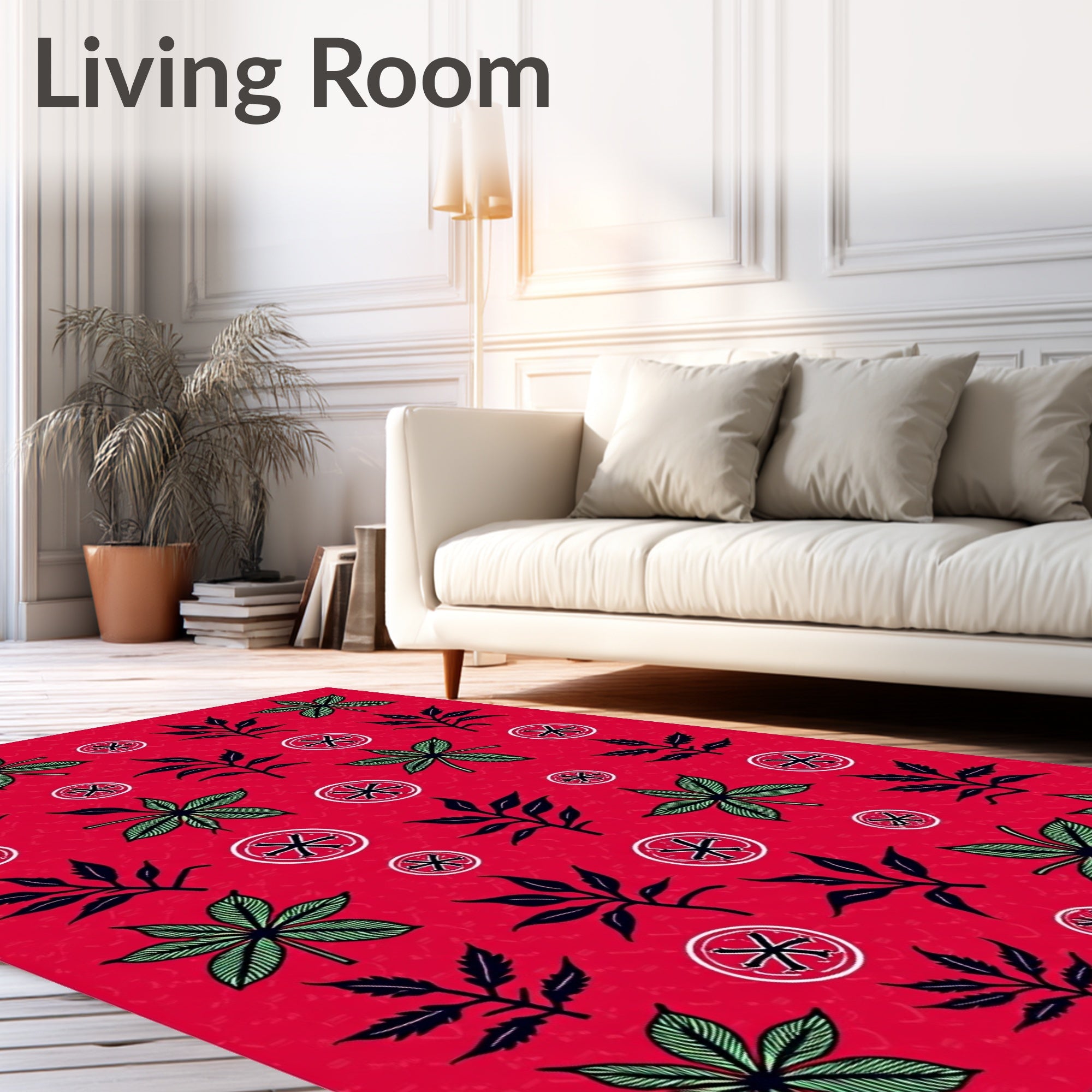 Crimson Green Foliage Circular Emblems Rug