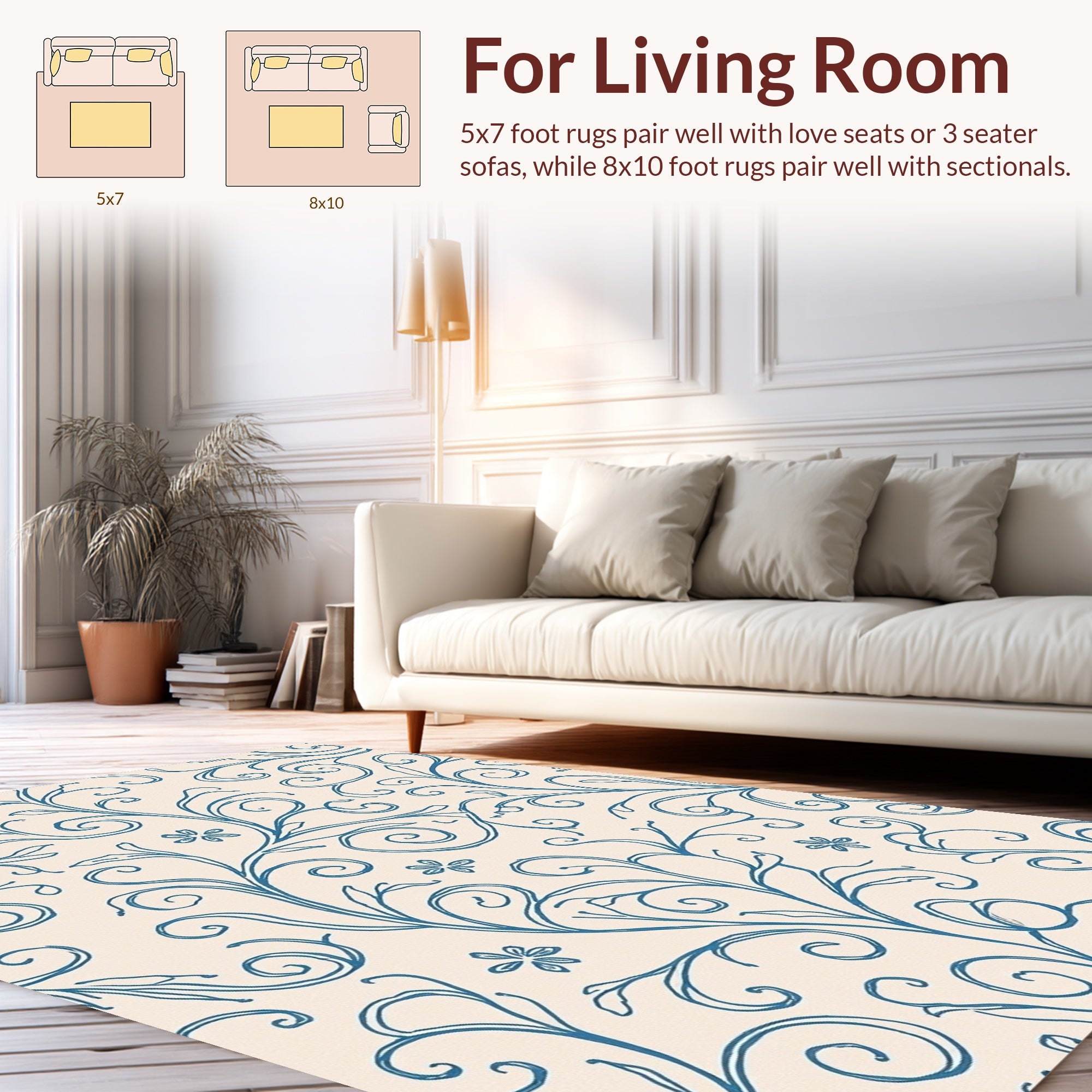 Classic Blue Swirl Floral Design Rug
