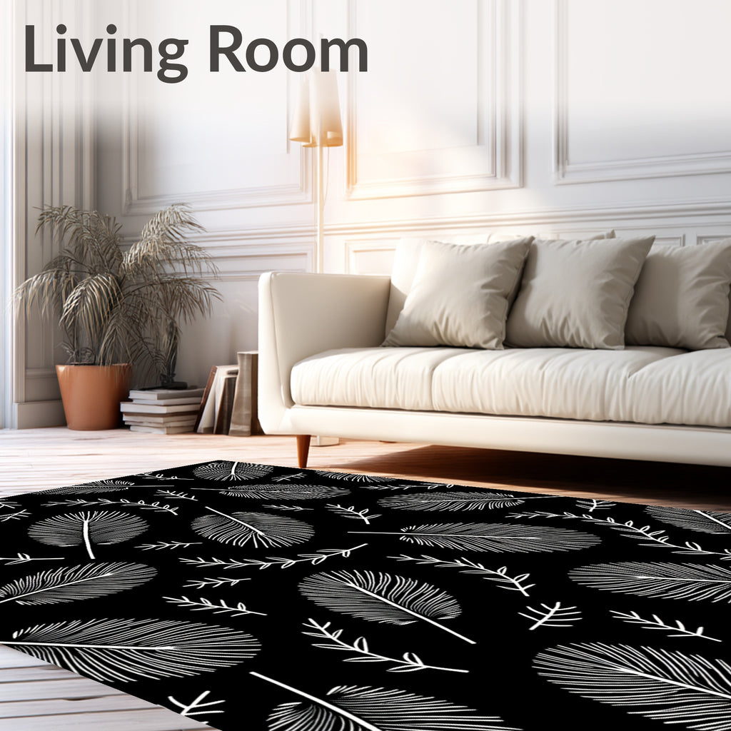 White Feather Scroll On Black Rug