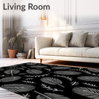 White Feather Scroll On Black Rug