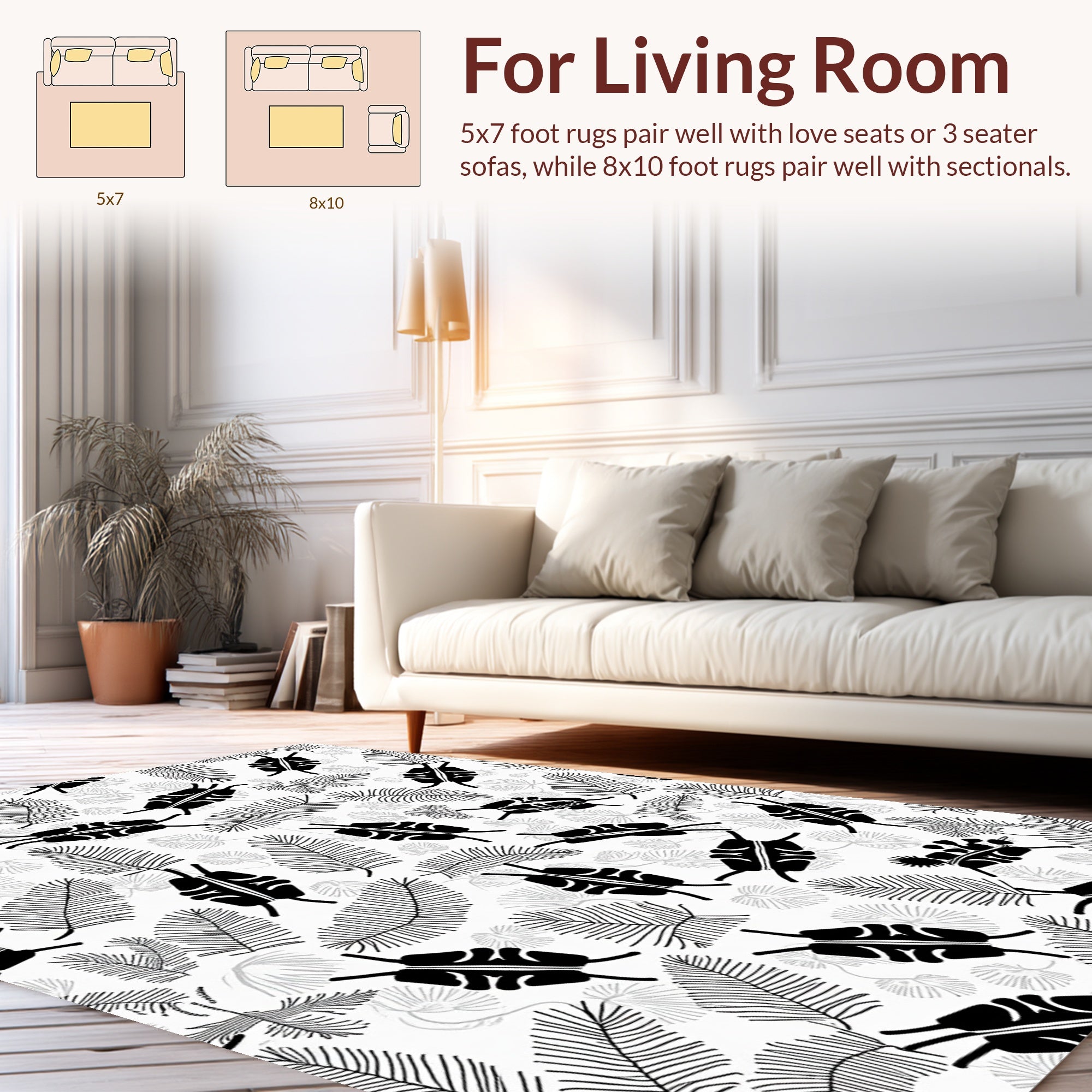Monochrome Fern and Organic Pattern Rug