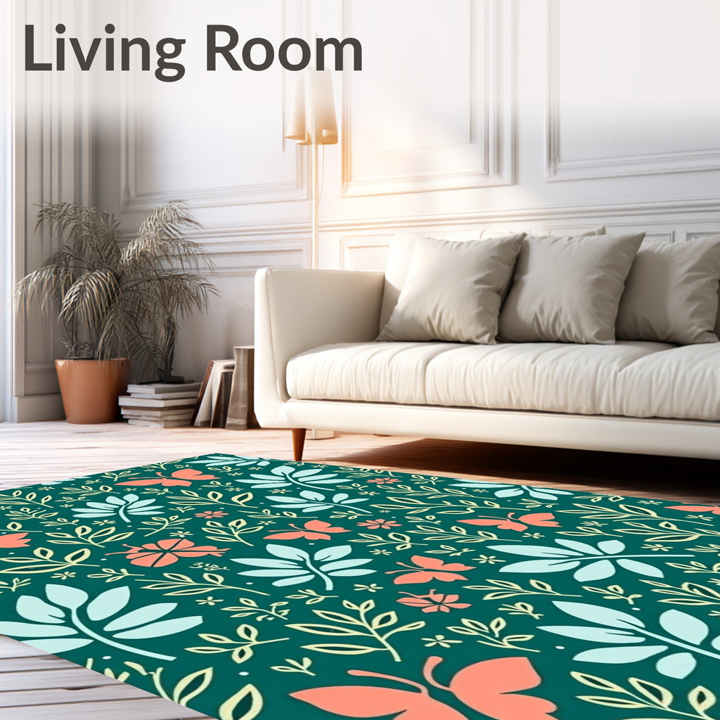 Coral Butterfly Teal Floral Foliage Rug