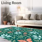 Coral Butterfly Teal Floral Foliage Rug