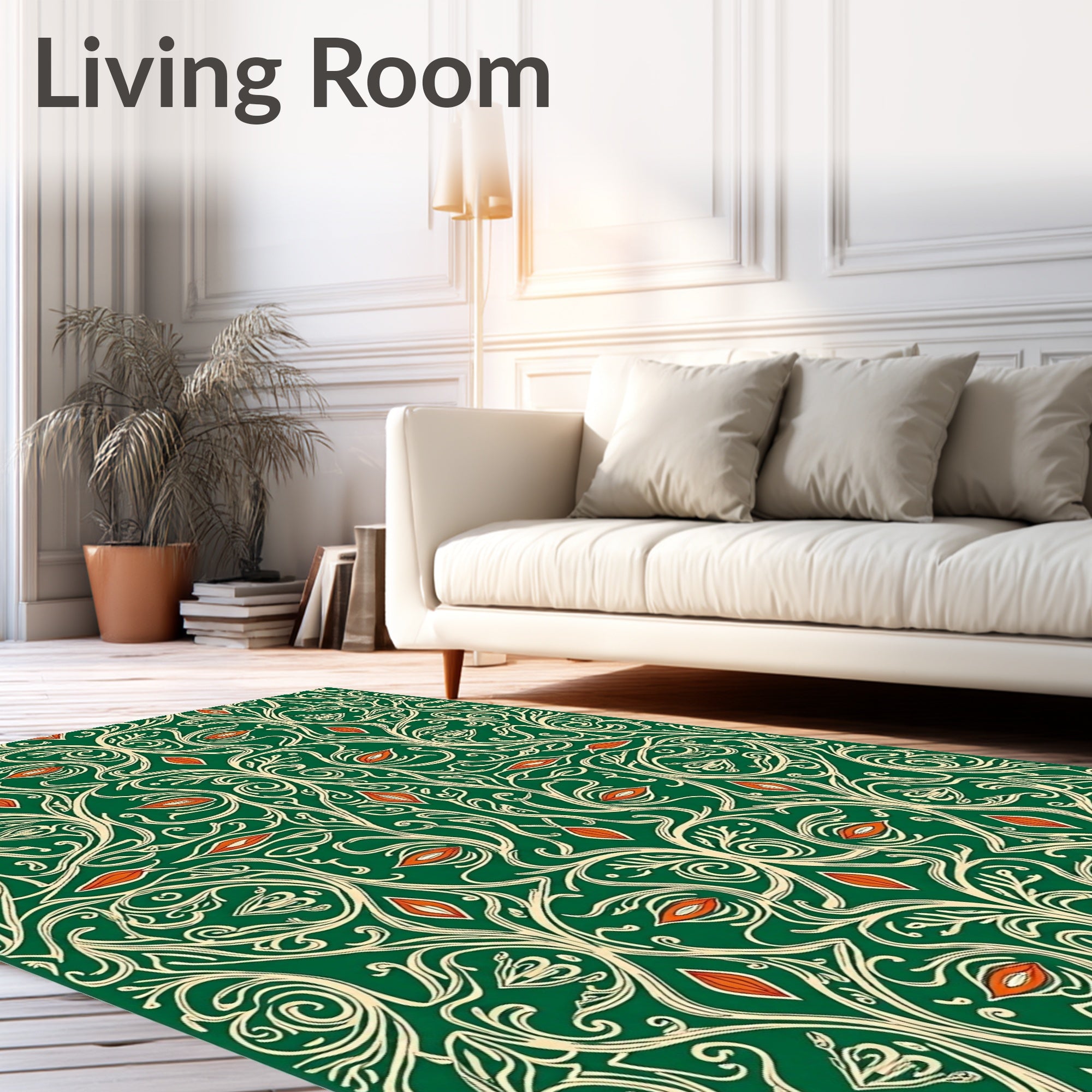 Emerald Green Cream Orange Floral Scroll Rug