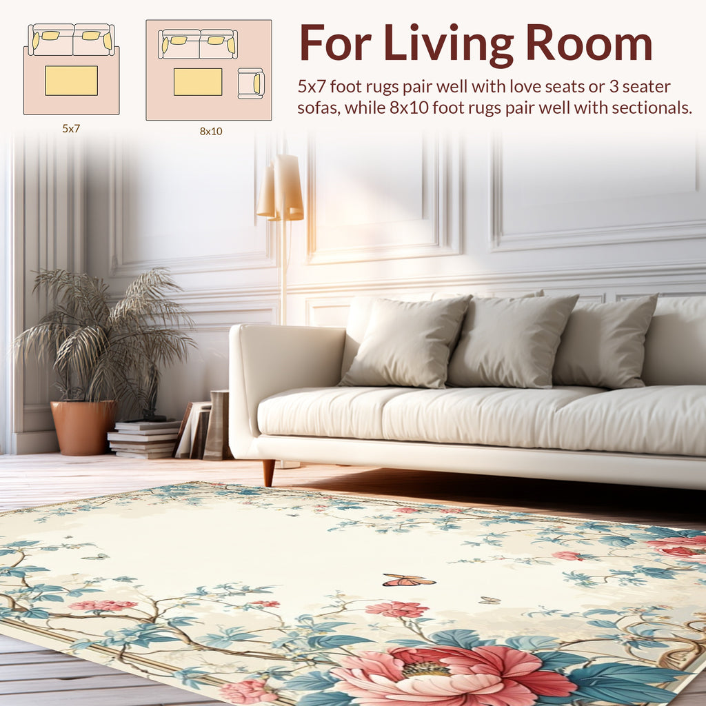 Floral Peony Butterfly Vine Pattern Rug