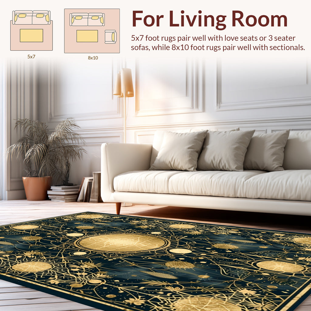 Ornate Celestial Botanical Gold Pattern Rug