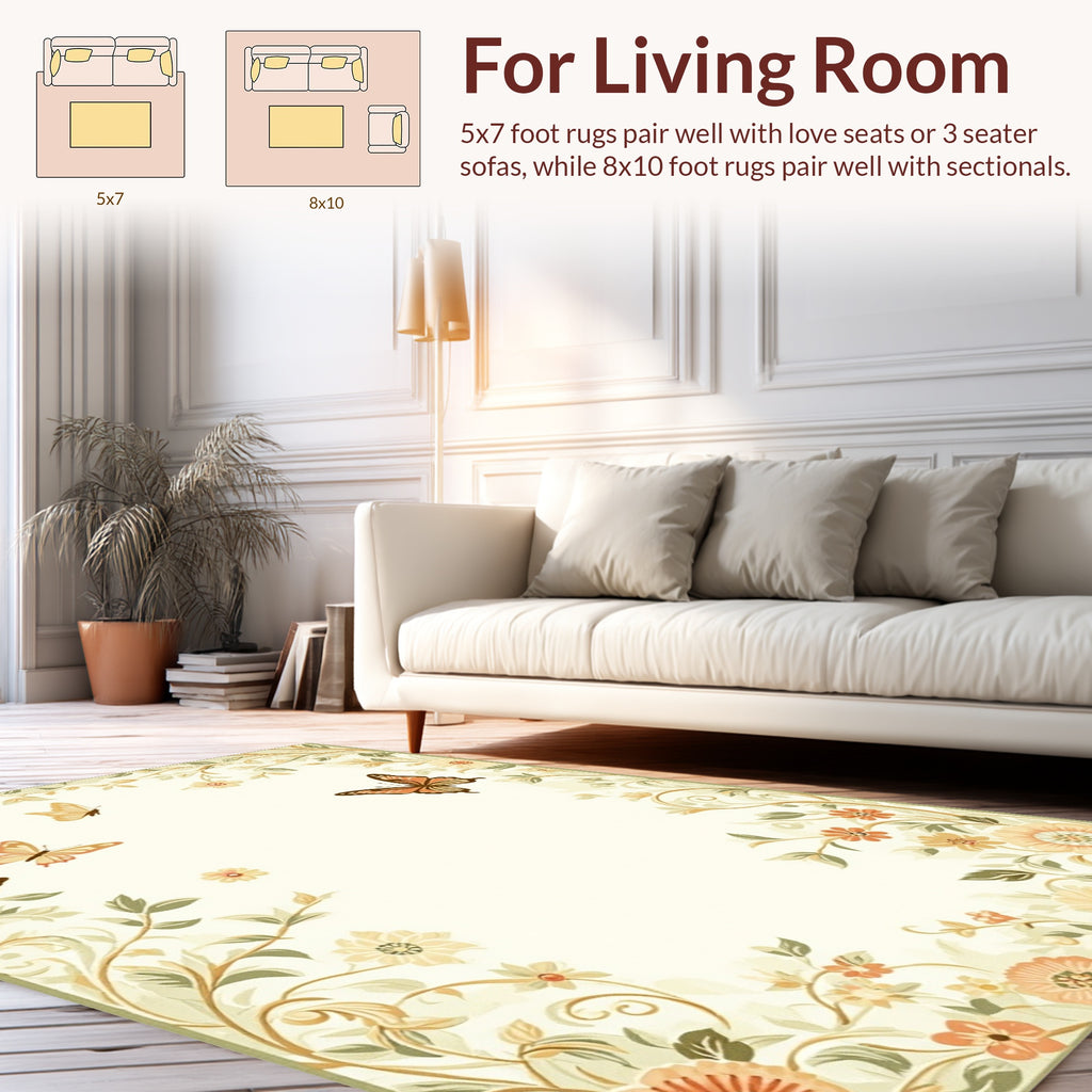 Cream Butterfly Garden Floral Vines Rug