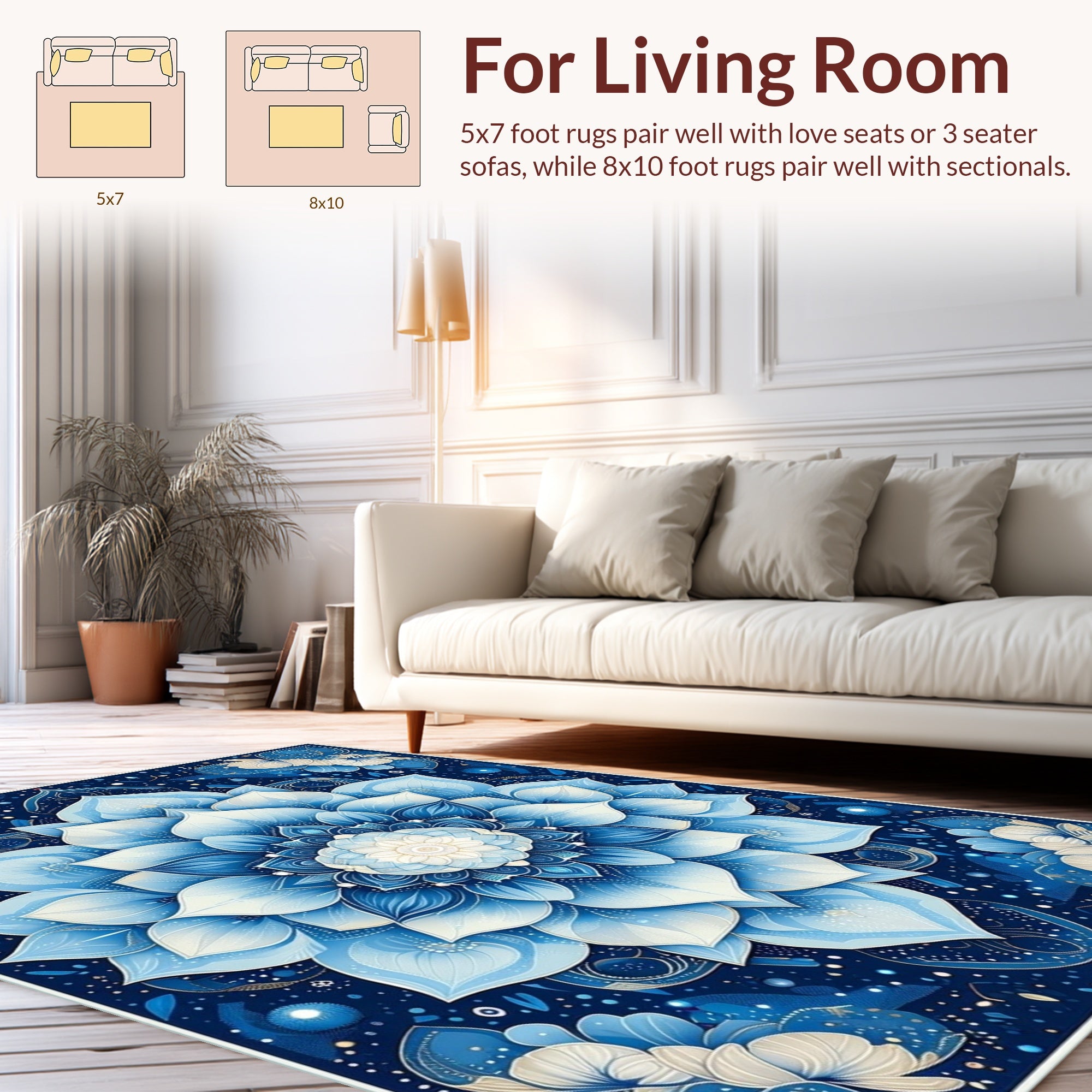Intricate Blue Mandala Floral Pattern Rug