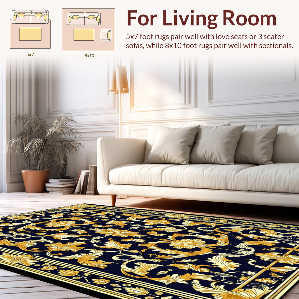 Ornate Gold Leaf Floral Design Rug