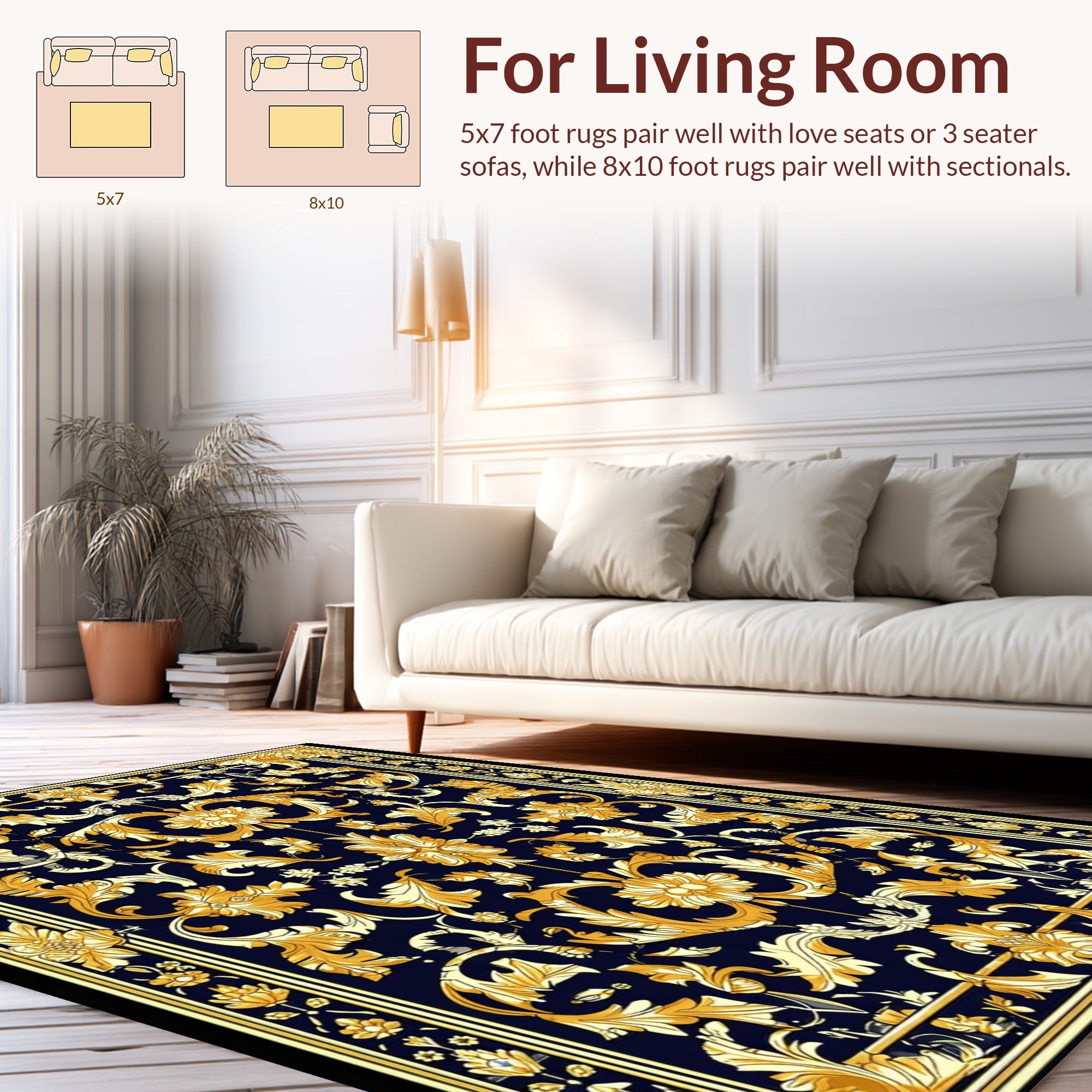 Ornate Gold Leaf Floral Design Rug