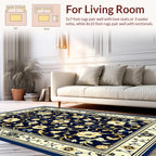 Ornate Navy Floral Border Pattern Rug